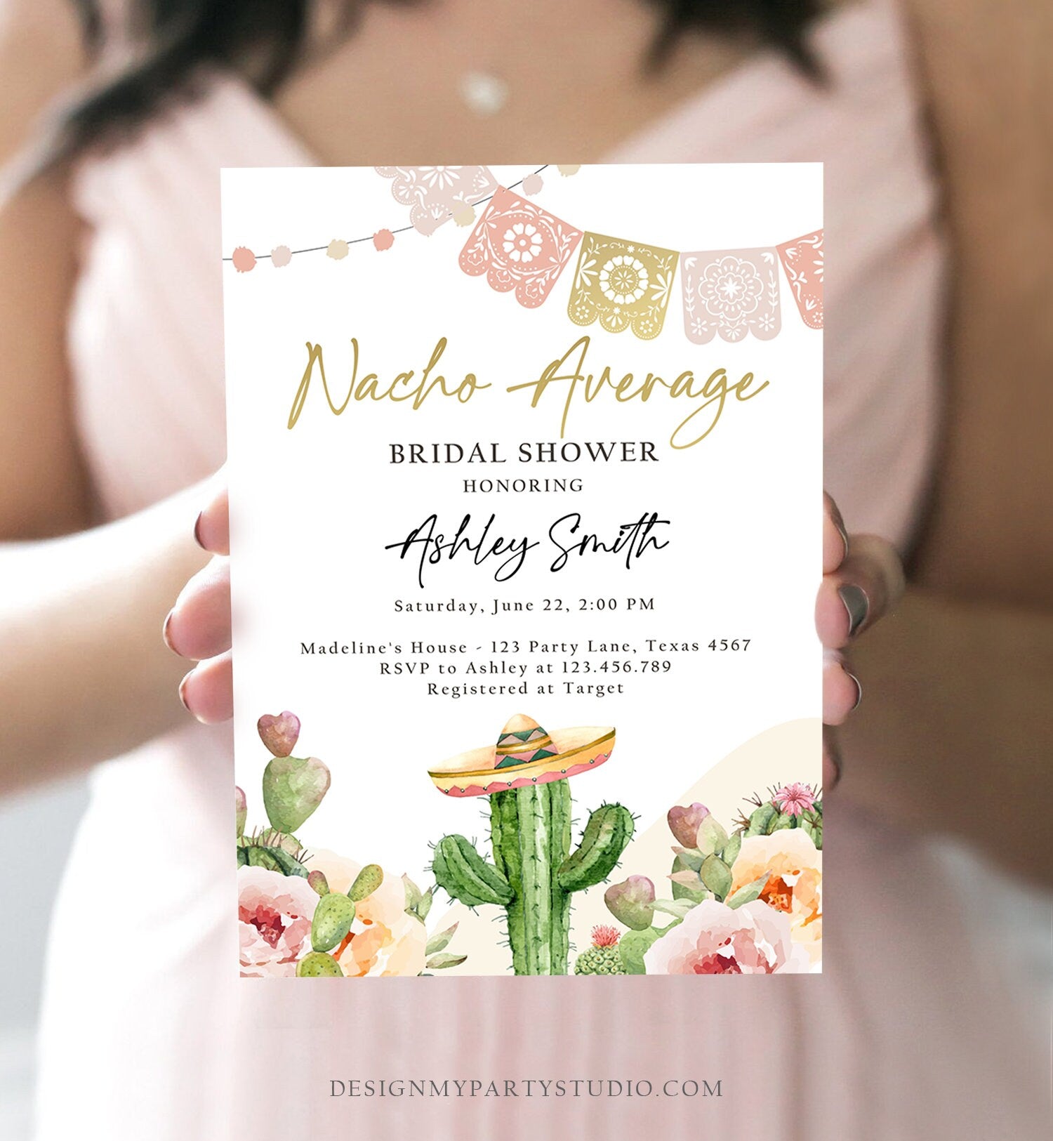 Editable Nacho Average Bridal Shower Invitation Boho Couples Fiesta Mexican Watercolor Cactus Succulent Digital Template Printable 0419