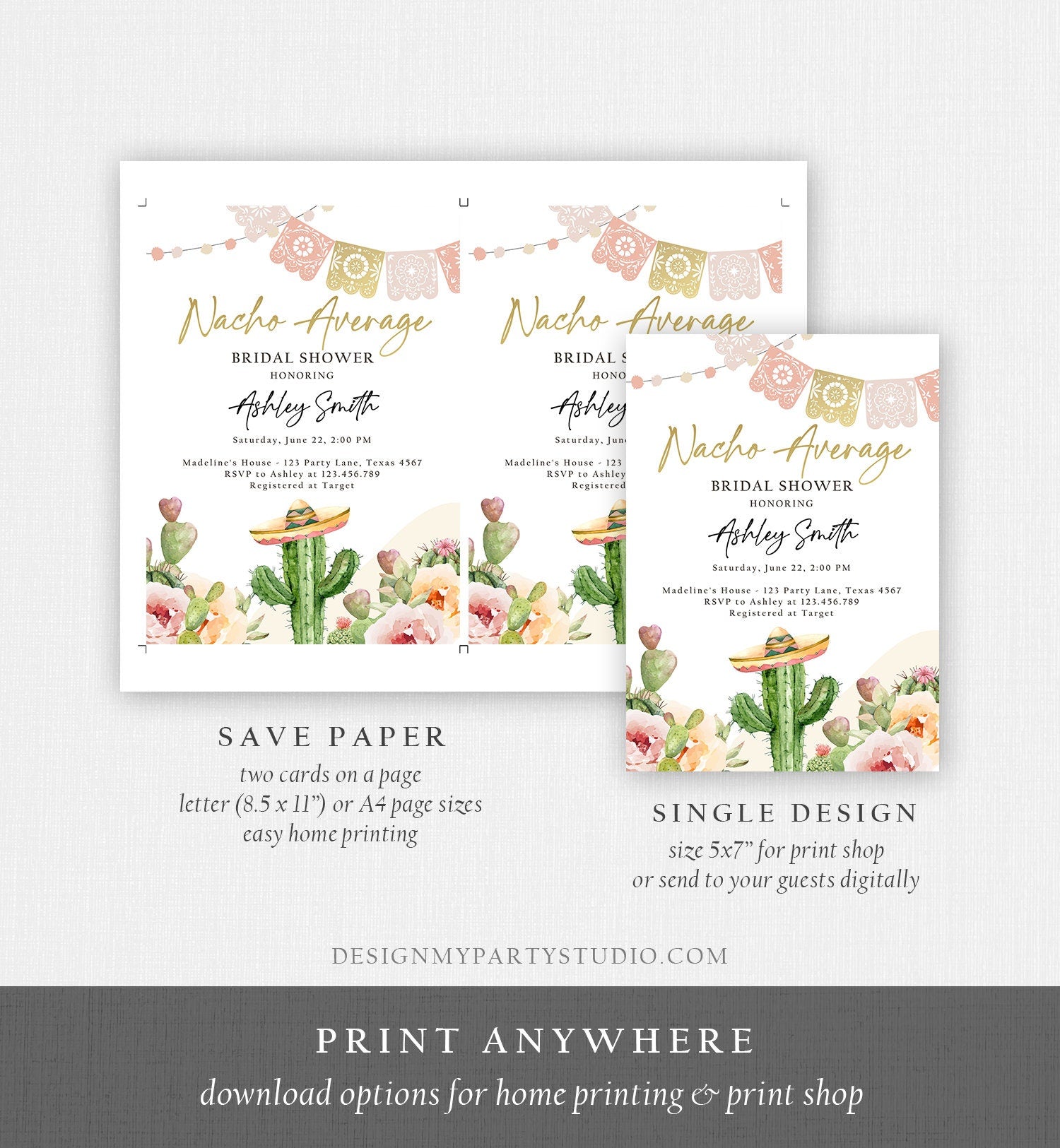 Editable Nacho Average Bridal Shower Invitation Boho Couples Fiesta Mexican Watercolor Cactus Succulent Digital Template Printable 0419