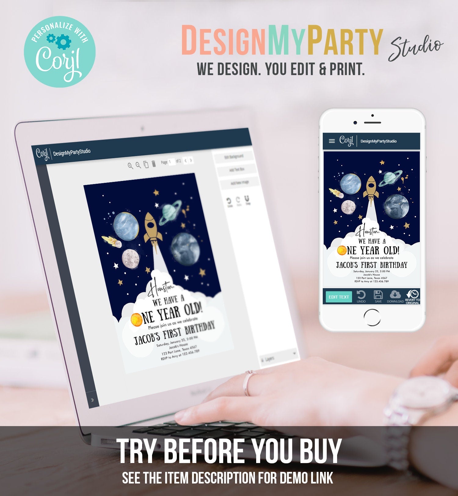 Editable Outer Space First Birthday Invitation Galaxy Houston First Trip Around the Sun One Digital Download Evite Template Printable 0357