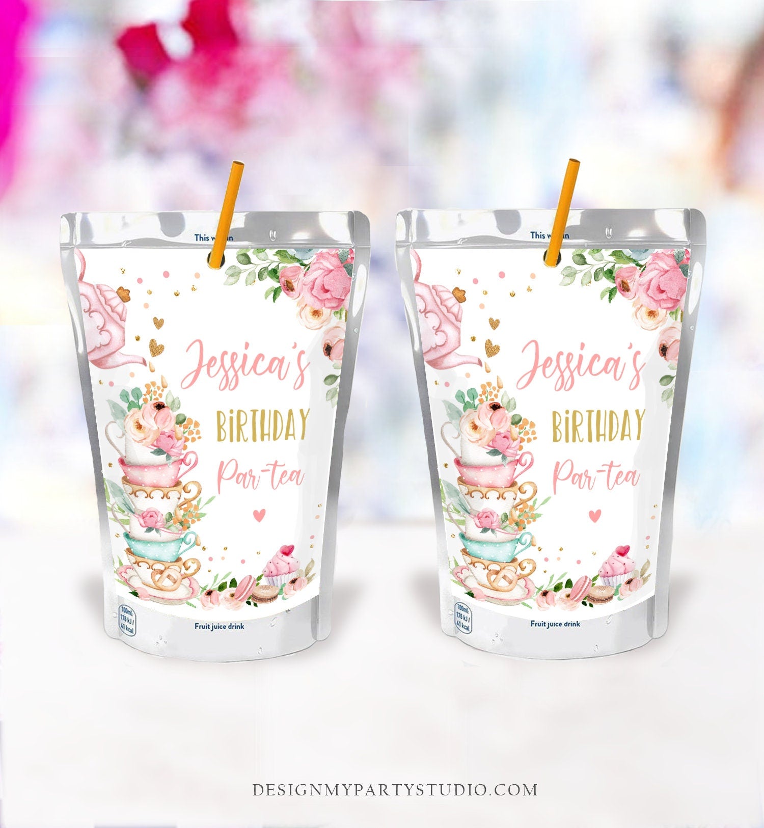 Editable Tea Party Juice Pouch Label Juice Favors Floral Tea Birthday Girl Pink Gold Par-tea Digital Download Template Printable 0349