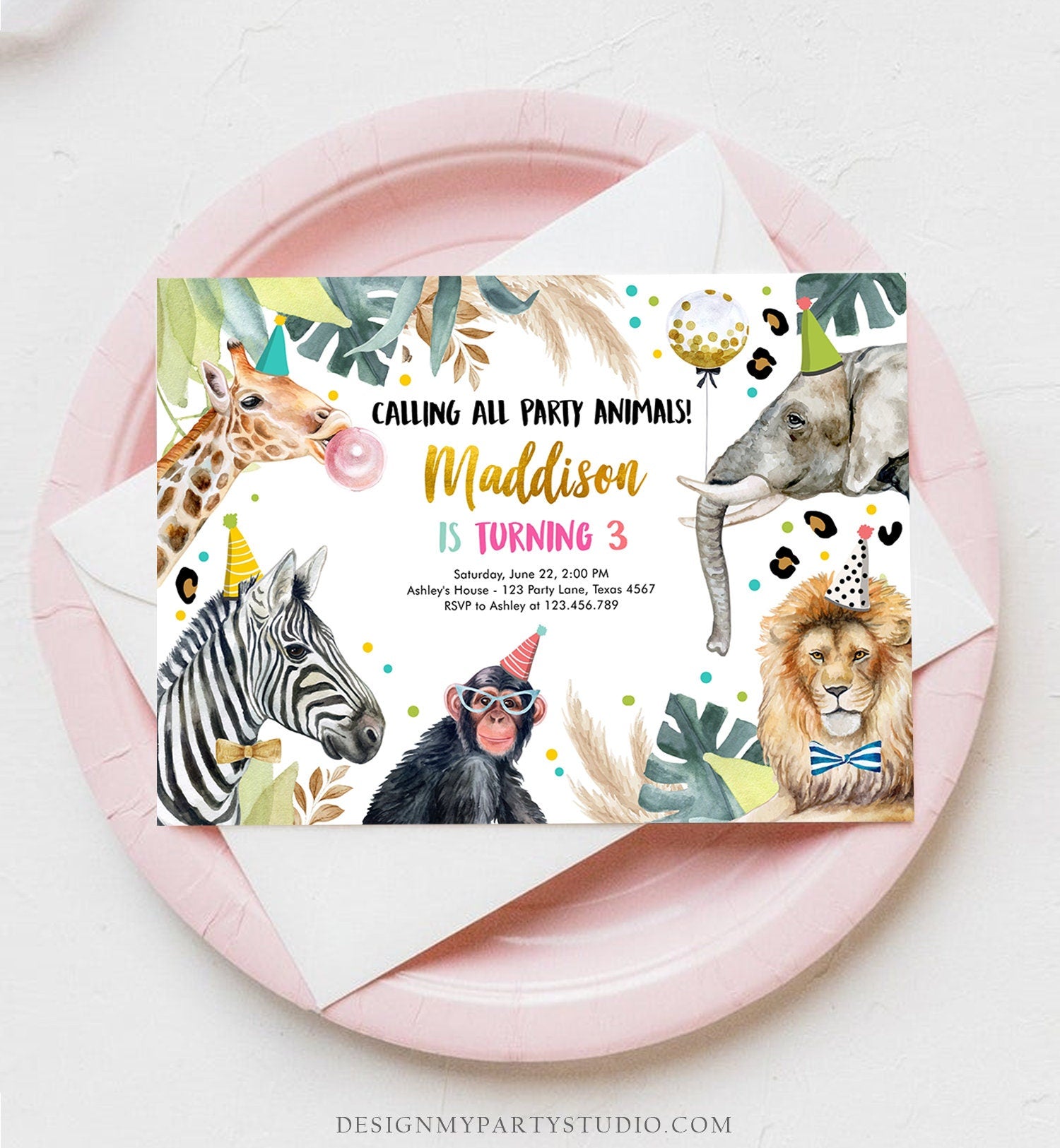 Editable Party Animals Birthday Invitation Wild One Animals Zoo Party Safari Animals Girl Digital Download Evite Template Printable 0417