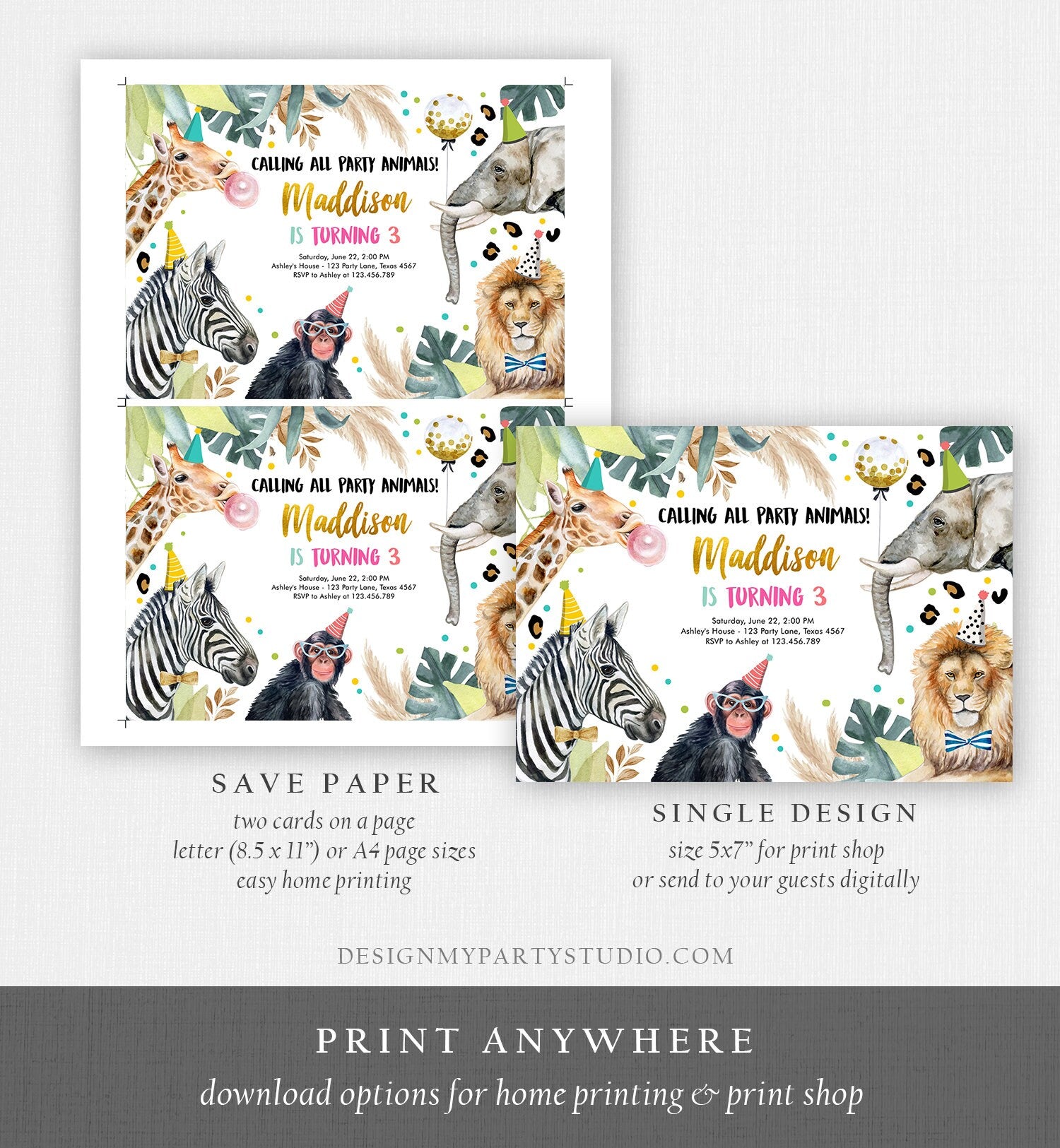 Editable Party Animals Birthday Invitation Wild One Animals Zoo Party Safari Animals Girl Digital Download Evite Template Printable 0417