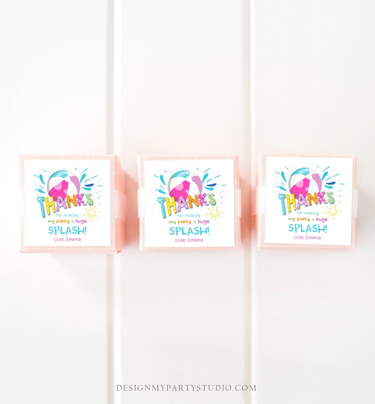 Editable Pool Party Thank You Tags Splish Splash Birthday Bash Girl Pink Favor Tag Label Round Square Sticker Corjl Template Printable 0169