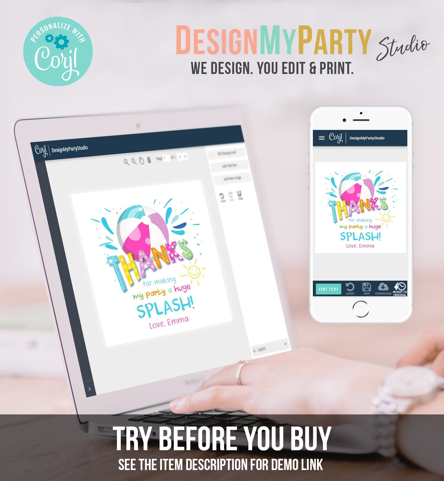Editable Pool Party Thank You Tags Splish Splash Birthday Bash Girl Pink Favor Tag Label Round Square Sticker Corjl Template Printable 0169