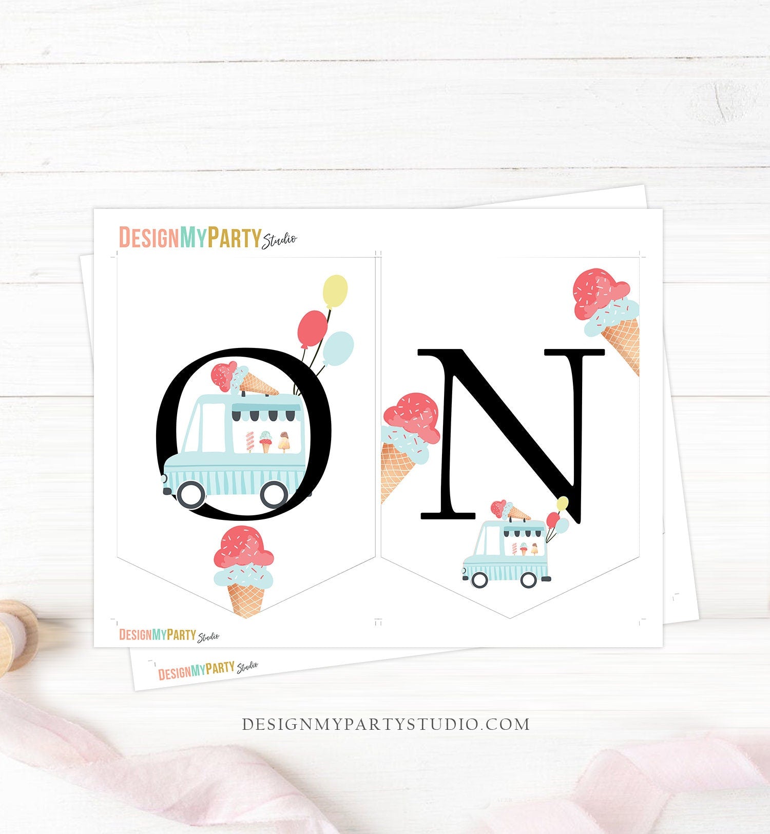 Ice Cream Truck High Chair Banner Modern Mint Blue Ice Cream 1st First Birthday Boy High Chair ONE Banner Sweet One PRINTABLE Digital 0415