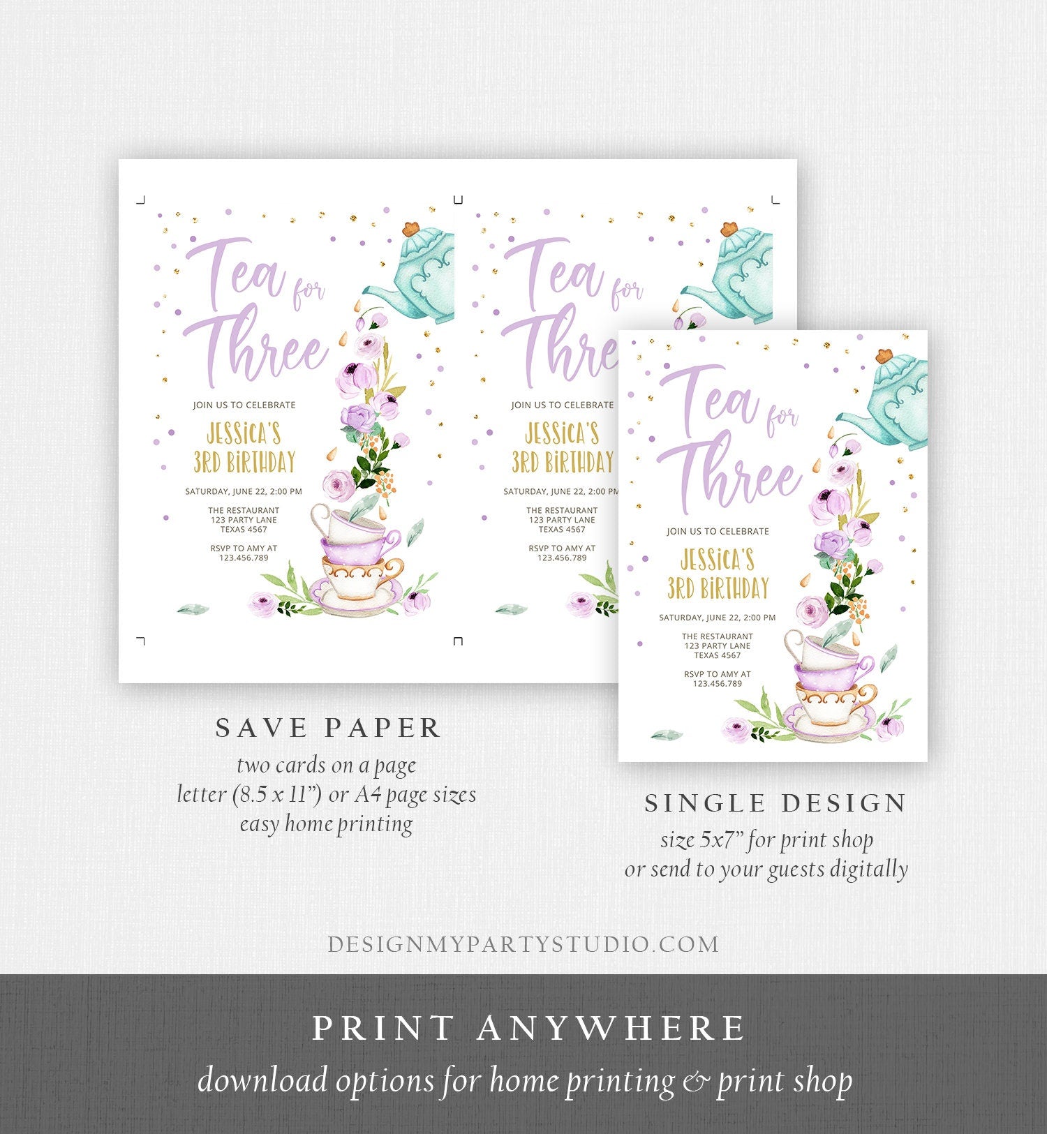 Editable Tea for Three Birthday Invitation Girl Tea Party Invite Pink Purple Floral Whimsical Digital Download Evite Template Printable 0349