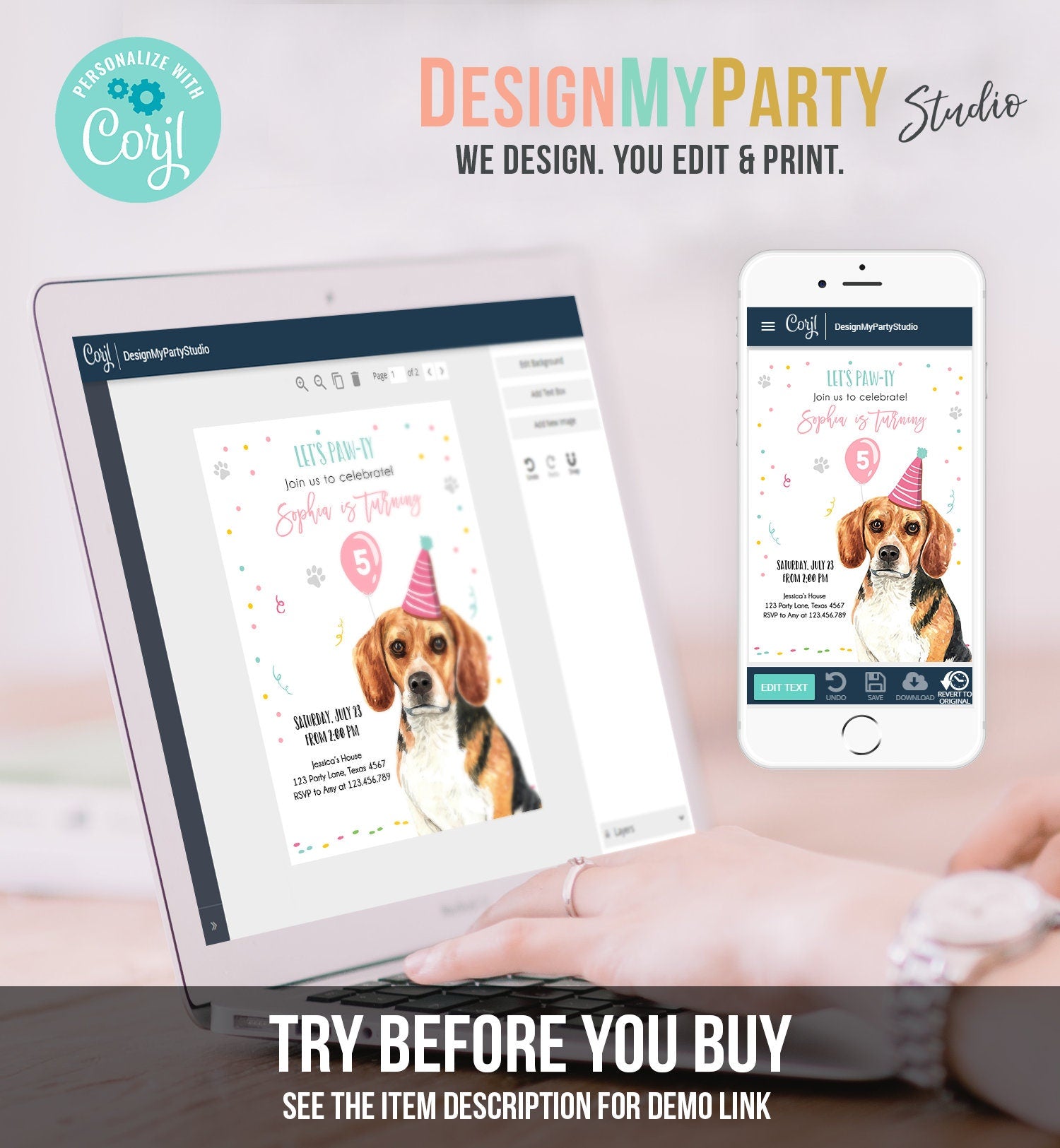 Editable Dog Birthday Party Invitation Beagle Birthday Invite Pink Girl Come Sit Stay Party Animal Digital Download Template Printable 0384