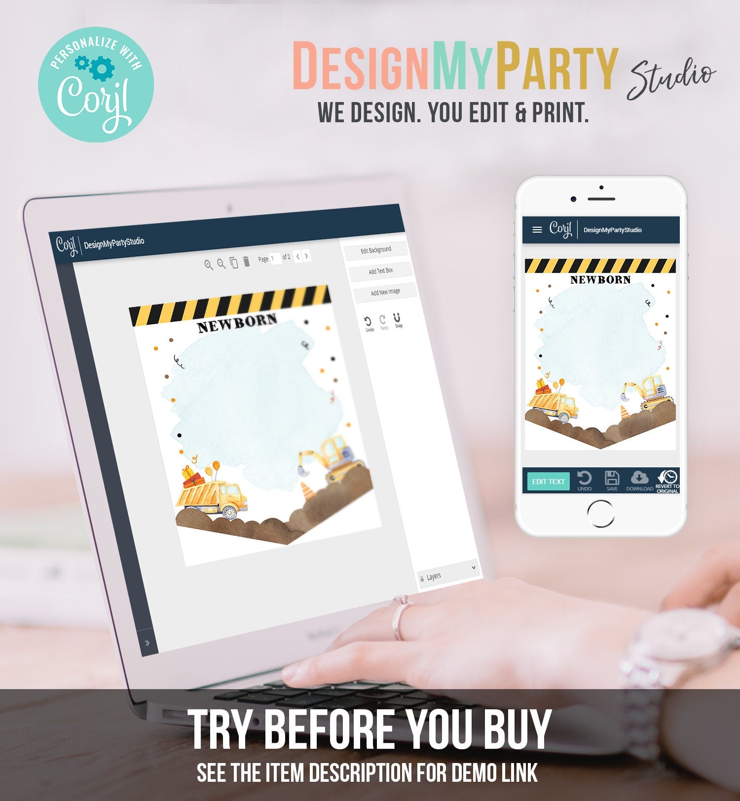 Editable Construction Birthday Banner Monthly Photo Banner Boy Yellow Dump Truck Caution Decor Digital Download Template Printable 0374