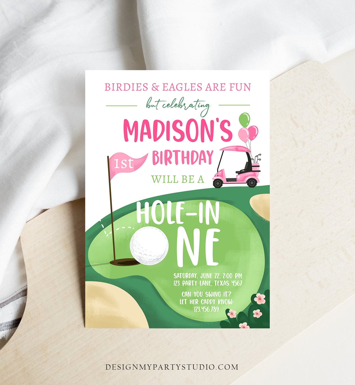 Editable Hole in One Birthday Invitation Golf First Birthday Par-tee Golf Invite Girl Golfing Download Printable Template Digital Corjl 0405