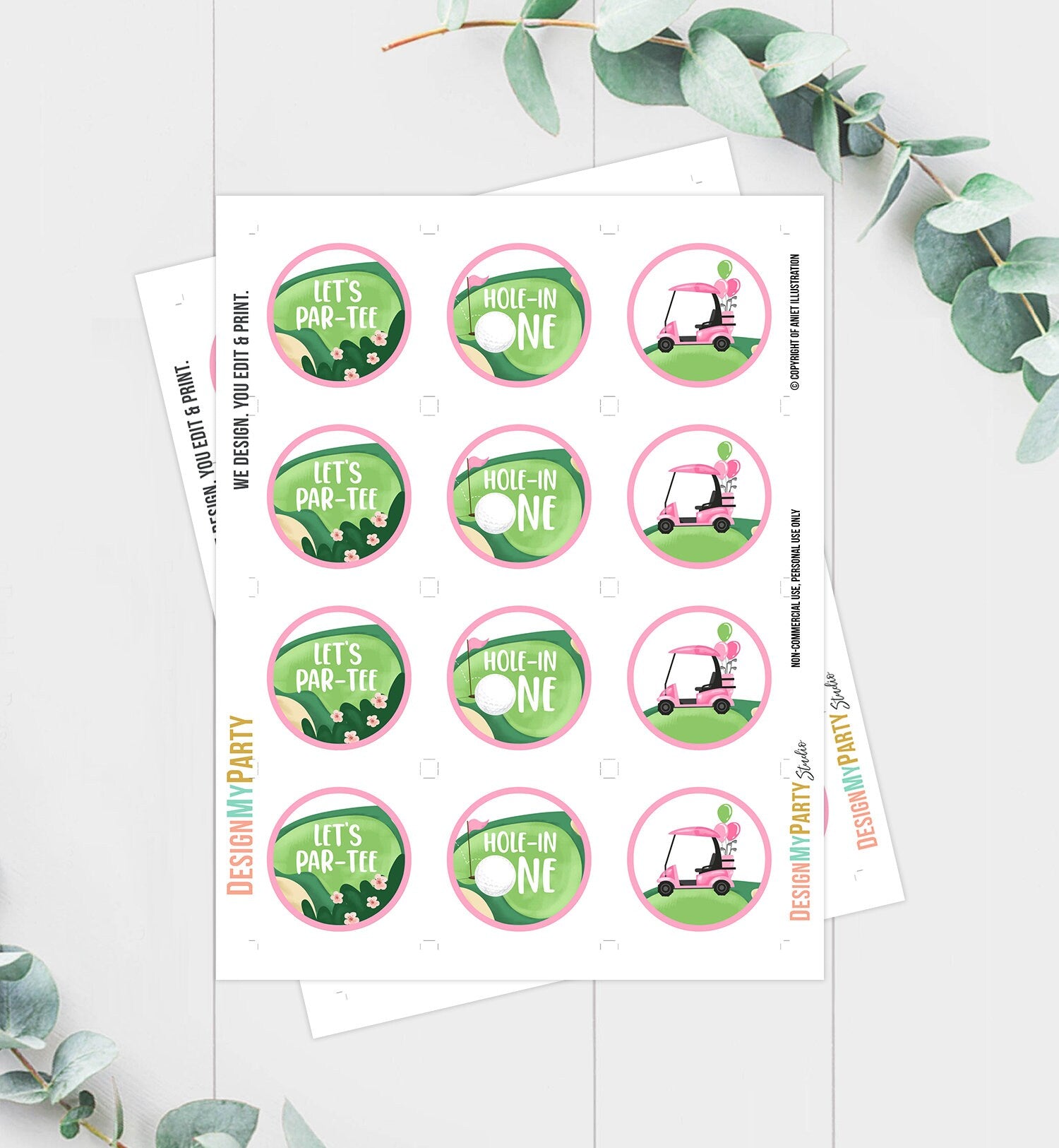Hole in One Cupcake Toppers Golf Birthday Girl Golf Birthday Par-tee Favor Tags First Birthday Golfing Pink Download Digital PRINTABLE 0405