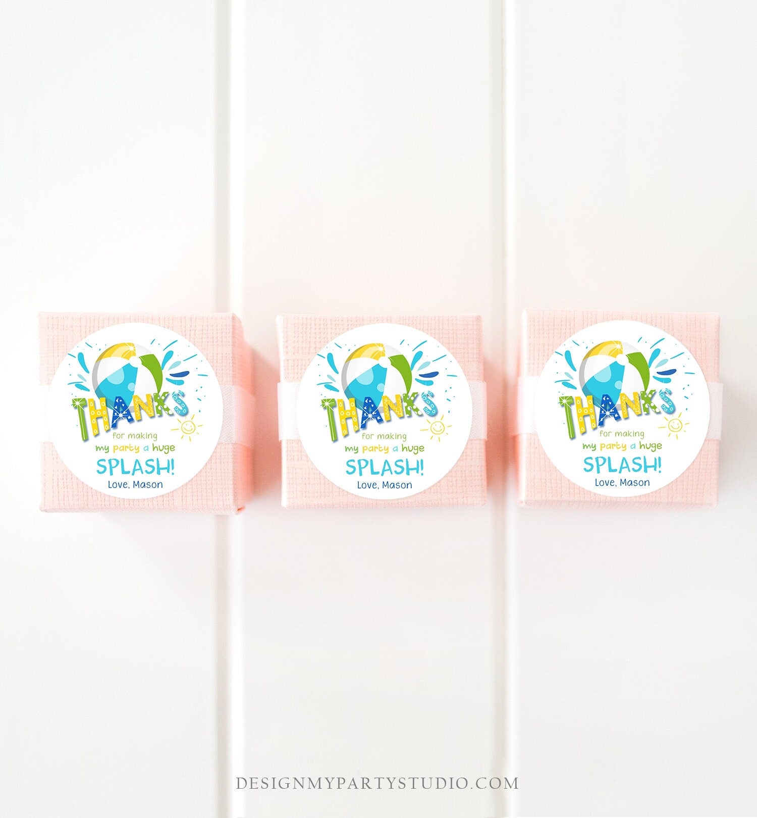 Editable Pool Party Thank You Tags Splish Splash Birthday Bash Green Yellow Tag Label Round Square Sticker Corjl Template Printable 0169