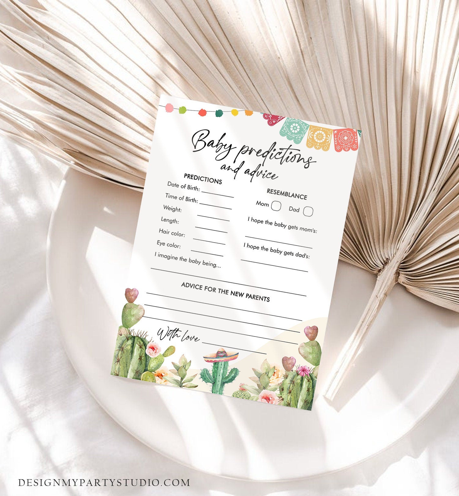 Editable Baby Predictions Fiesta Baby Shower Game Advice for Parents Game Shower Activity Cactus Mexican Corjl Template Printable 0404