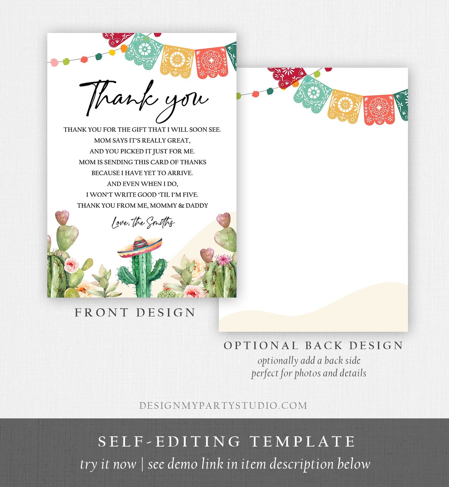 Editable Fiesta Baby Shower Thank You Card Mexican Baby Shower Cactus Succulent Desert Floral Fiesta Digital Corjl Template Printable 0404