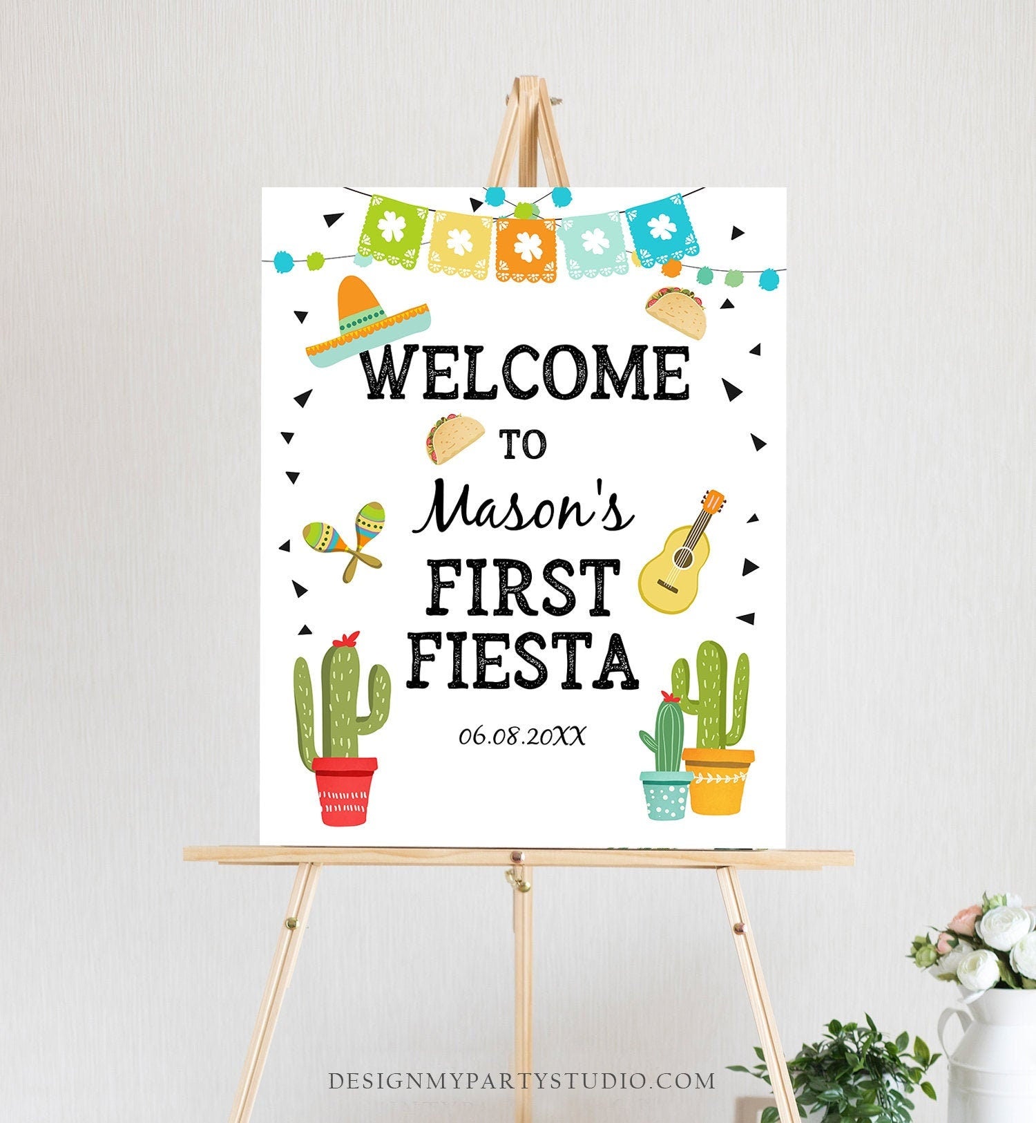 Editable Fiesta Welcome Sign First Birthday Fiesta Cactus Mexican Taco Bout Succulent Boy 1st Table Sign Digital Template Printable 0161