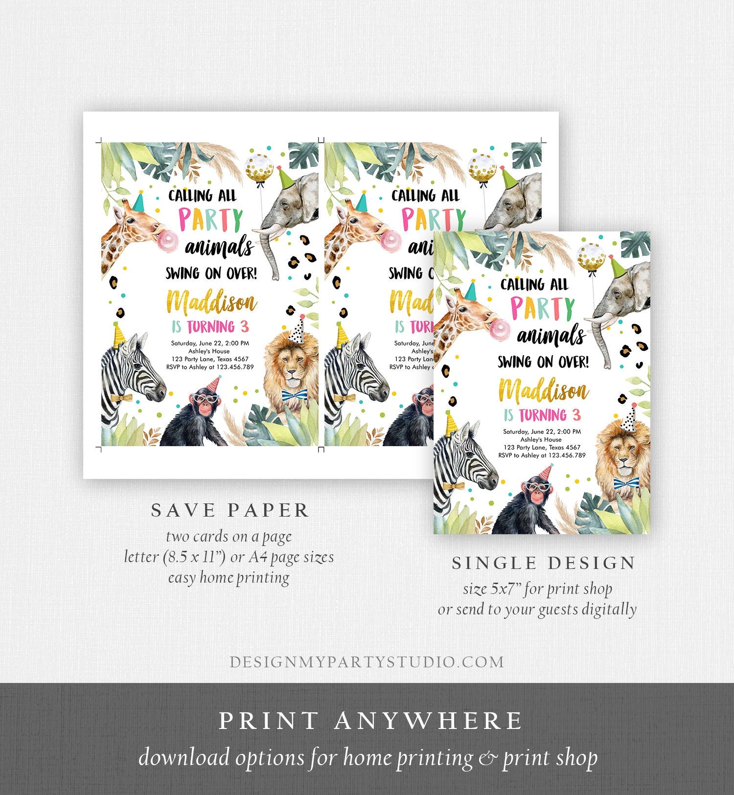 Editable Party Animals Birthday Invitation Wild One Animals Zoo Safari Animals Girl Digital Download Evite Template Printable 0417