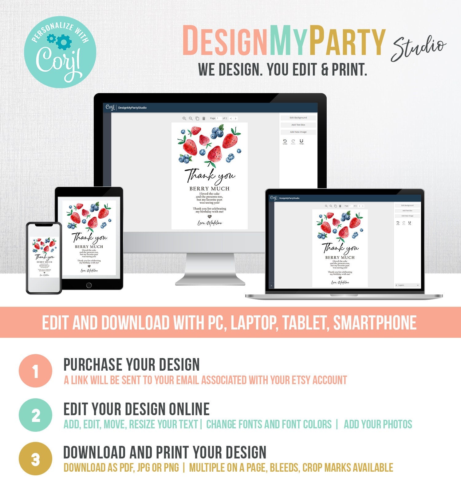 Editable Blueberry Strawberry Thank You Card Berry First Birthday Berry Sweet Farmers Market Digital Download Template Printable 0399