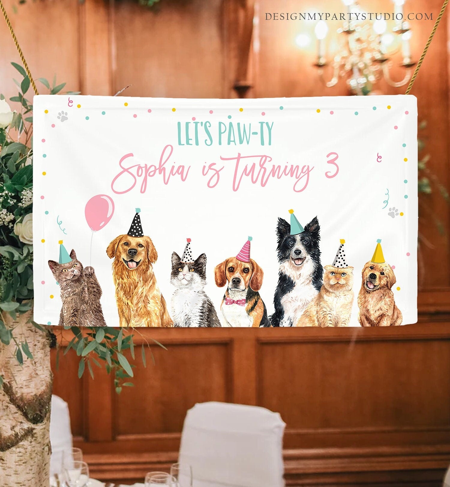 Editable Cats and Dogs Backdrop Banner Puppy Birthday Cat Birthday Decor Pet Pawty Doggy Dog PartyDownload Corjl Template Printable 0384