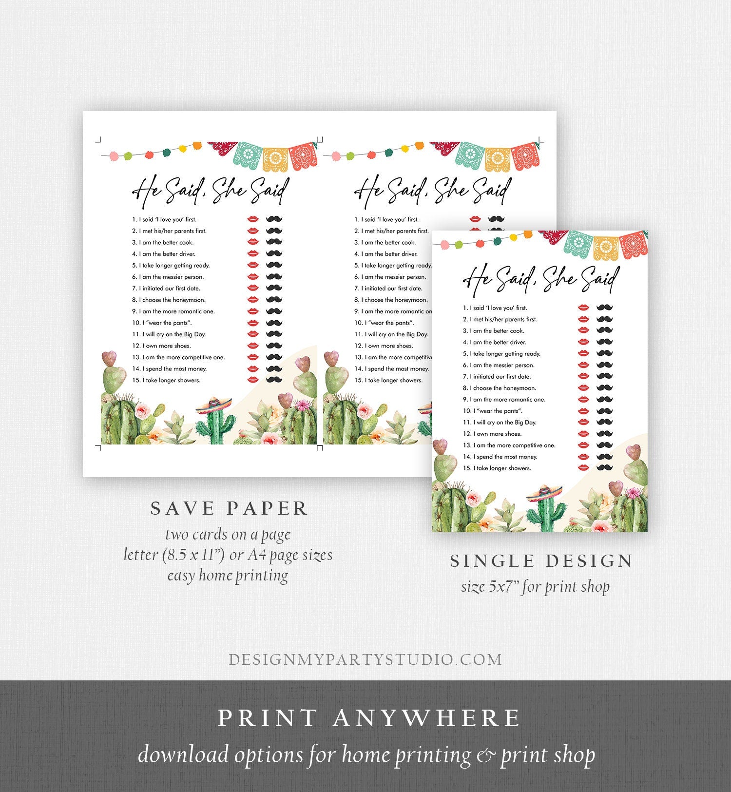 Editable He Said She Said Bridal Shower Game Cactus Fiesta Mexican Coed Shower Succulent Wedding Activity Corjl Template Printable 0404