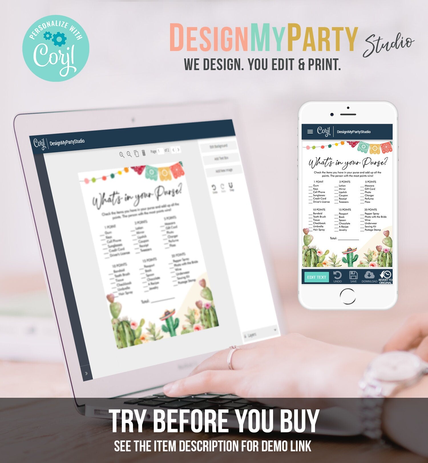 Editable Whats in Your Purse Bridal Shower Game Cactus Fiesta Mexican Coed Shower Succulent Wedding Activity Corjl Template Printable 0404