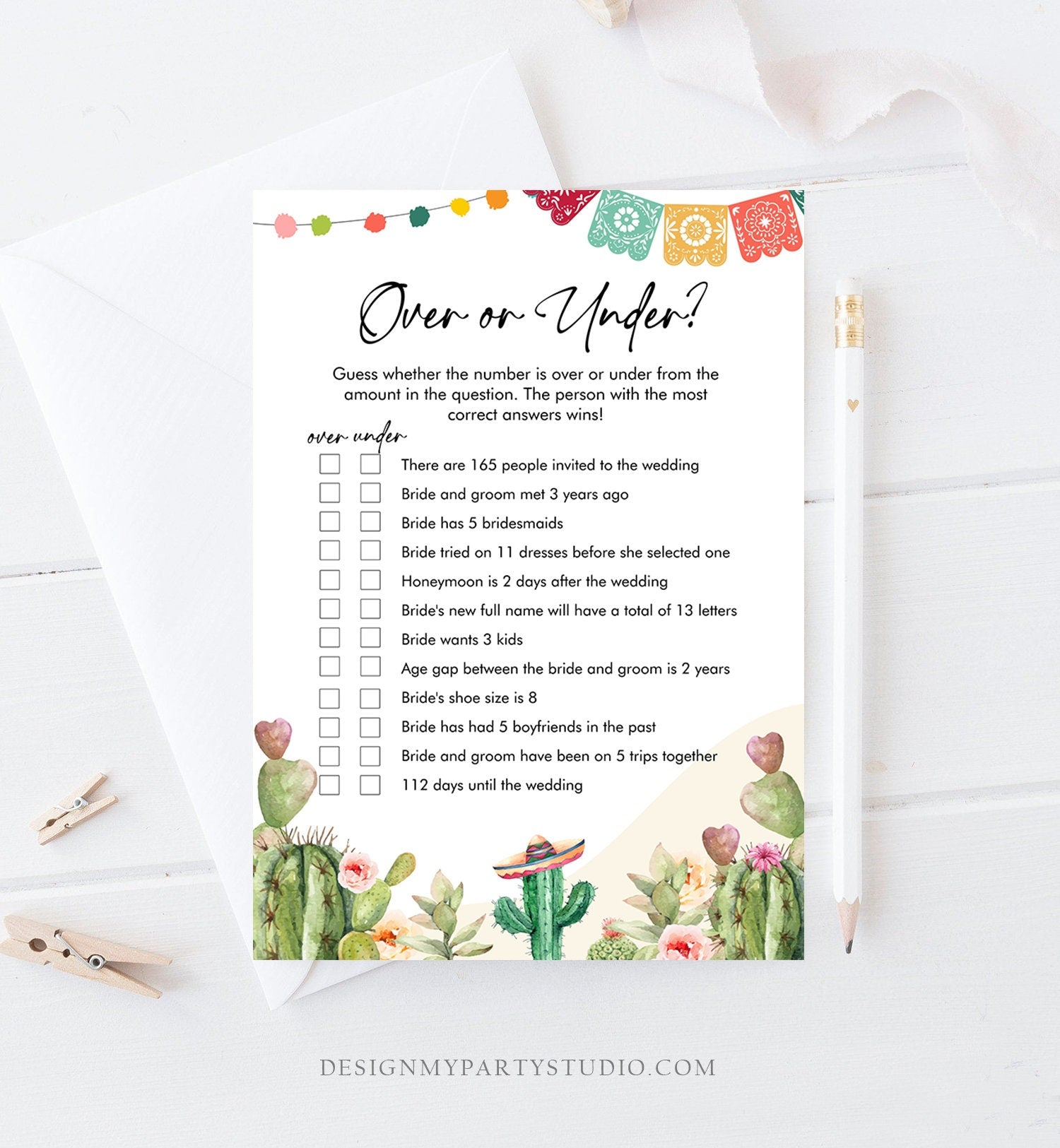 Editable Over or Under Bridal Shower Game Cactus Fiesta Mexican Coed Shower Games Succulent Wedding Activity Corjl Template Printable 0404