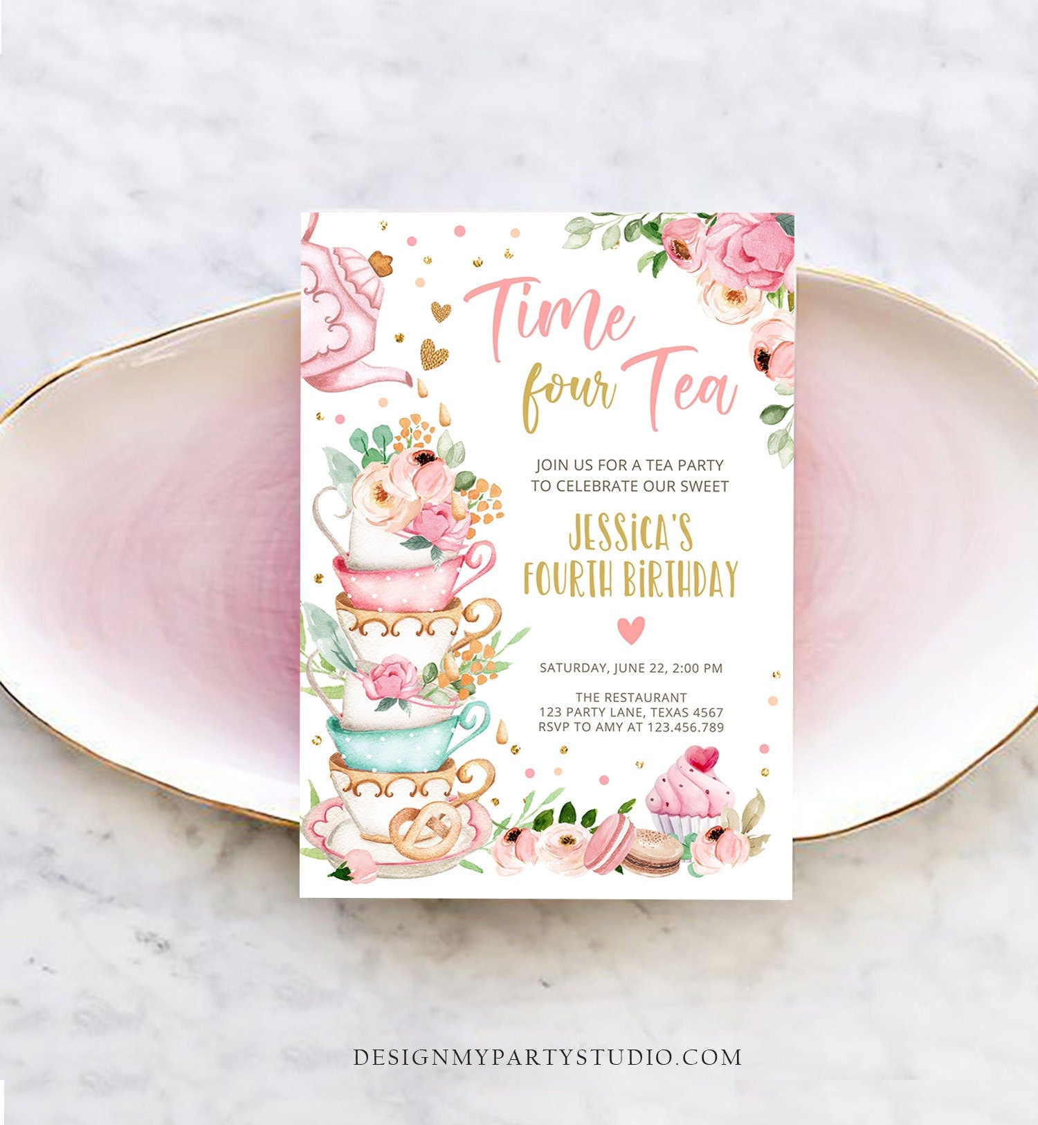 Editable Time Four Tea Birthday Invitation Girl Tea Party Invite Pink Gold Floral Peach Fourth Birthday 4th Corjl Template Printable 0349