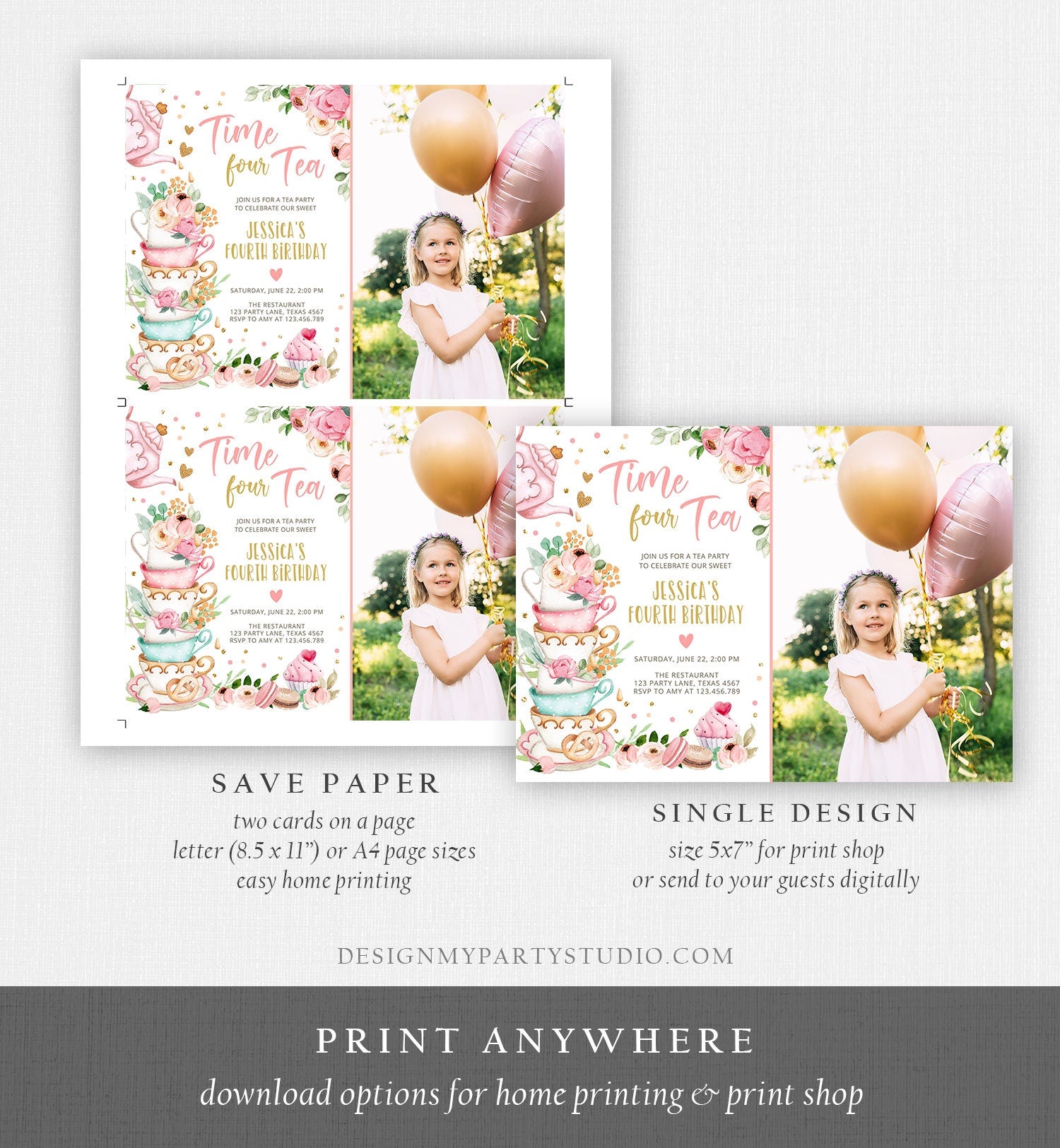 Editable Time Four Tea Birthday Invitation Girl Tea Party Invite Pink Gold Floral Peach Fourth Birthday 4th Corjl Template Printable 0349