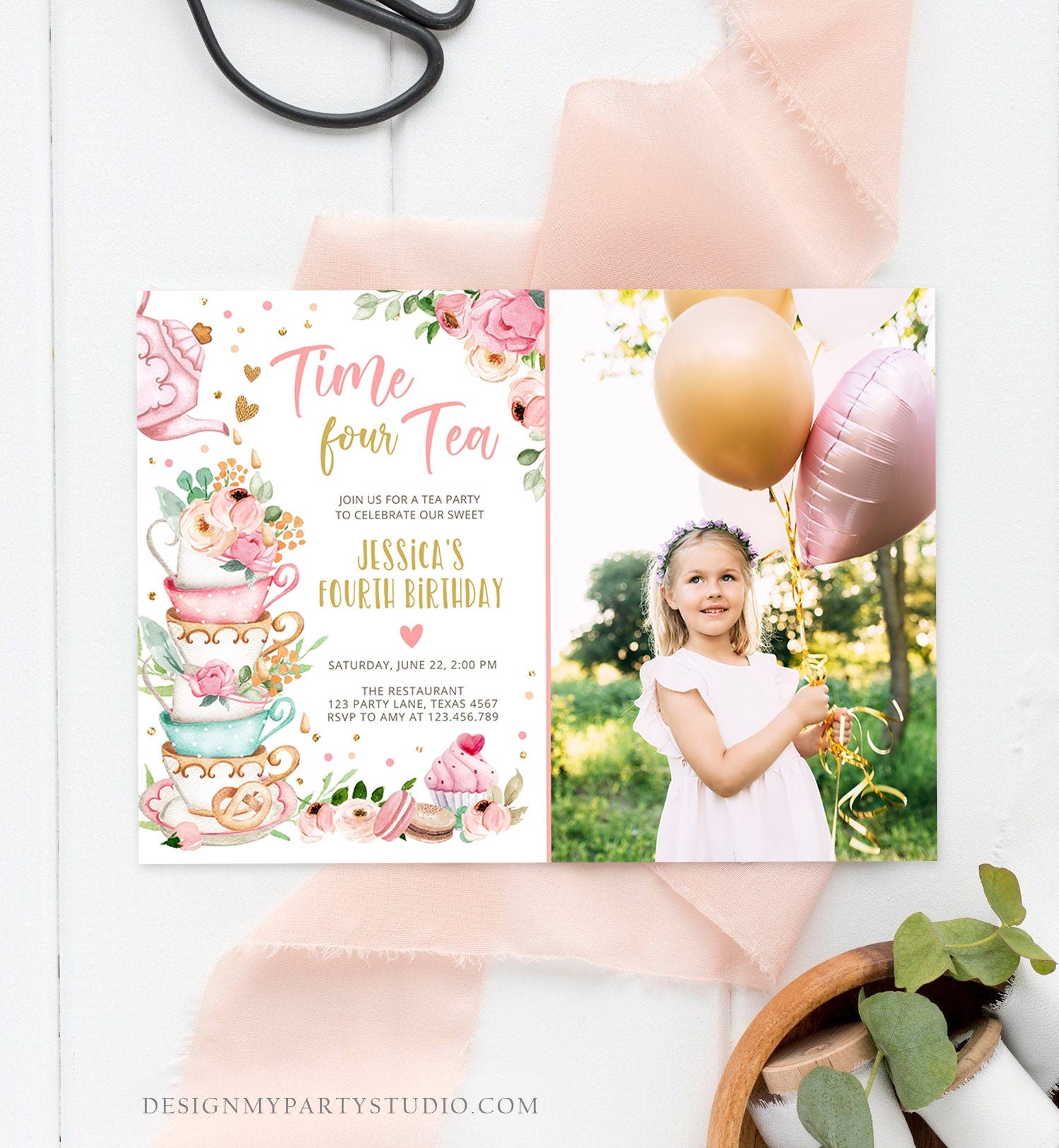 Editable Time Four Tea Birthday Invitation Girl Tea Party Invite Pink Gold Floral Peach Fourth Birthday 4th Corjl Template Printable 0349