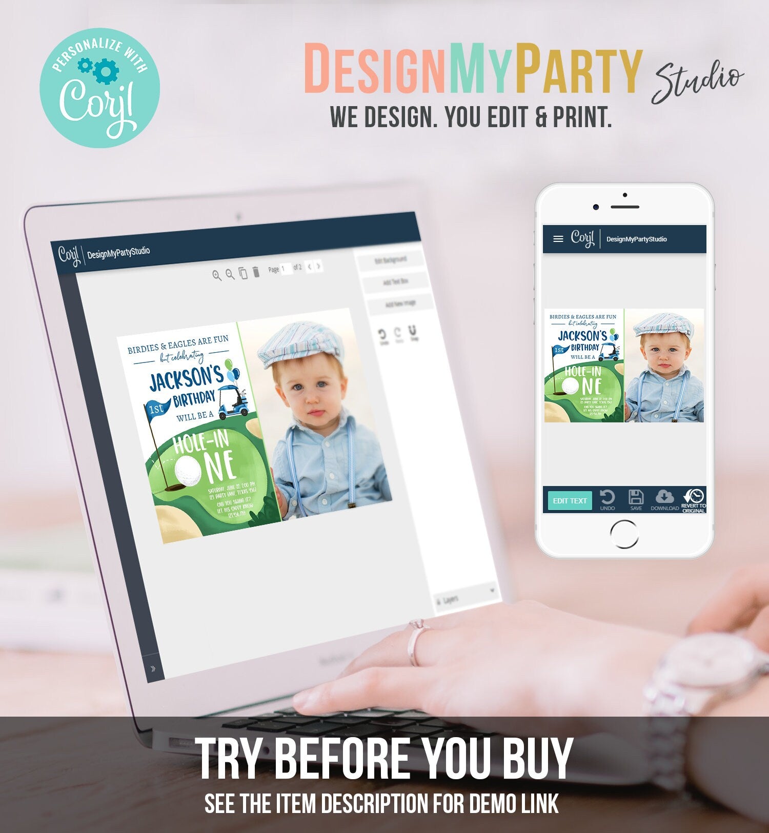 Editable Hole in One Birthday Invitation Golf First Birthday Par-tee Golf Invite Boy Golfing Digital Download Evite Template Printable 0405