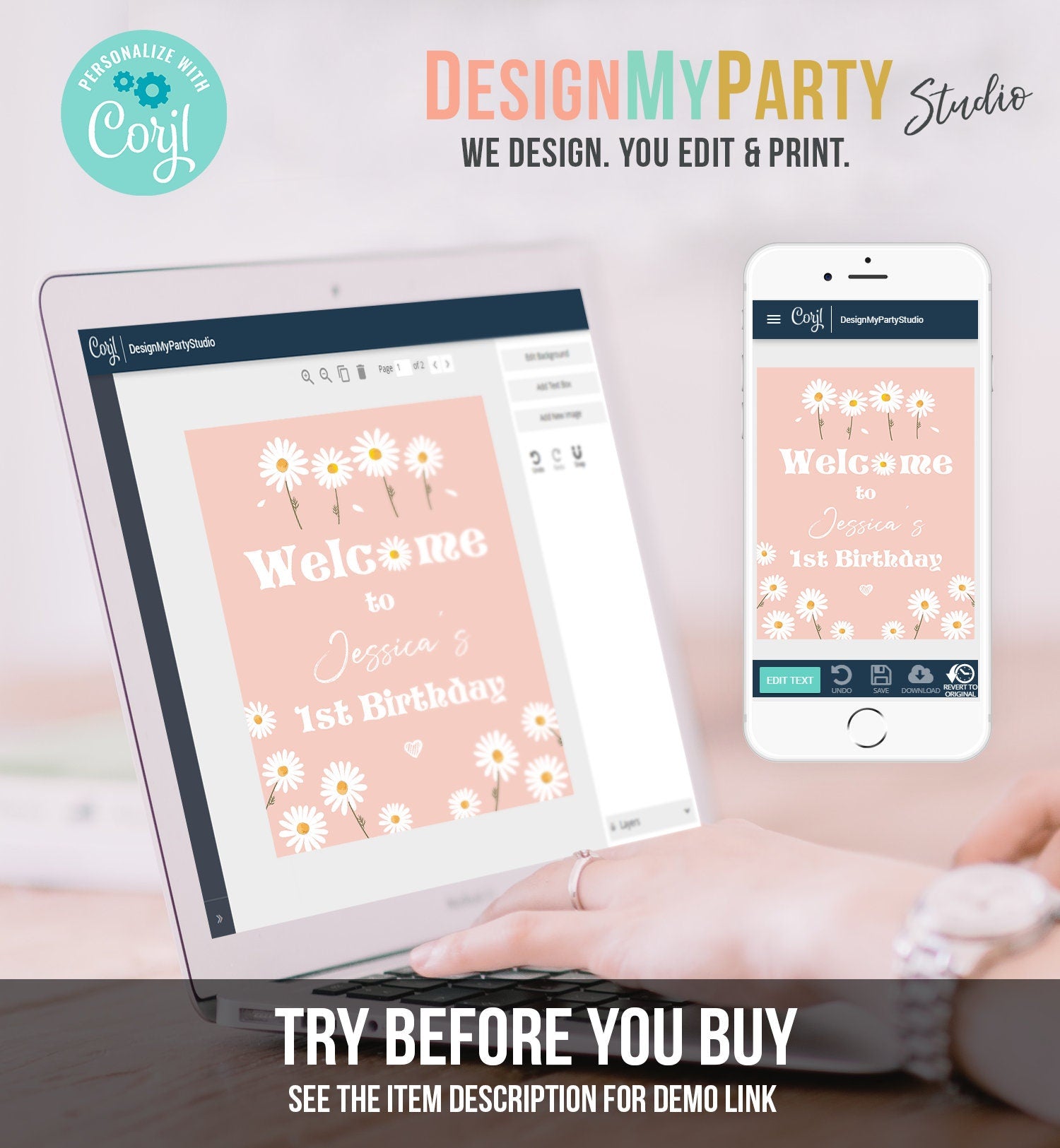 Editable Daisy Birthday Welcome Sign Floral Boho Birthday Welcome Sign Daisies Wildflower Birthday Girl Pink Template Corjl PRINTABLE 0410