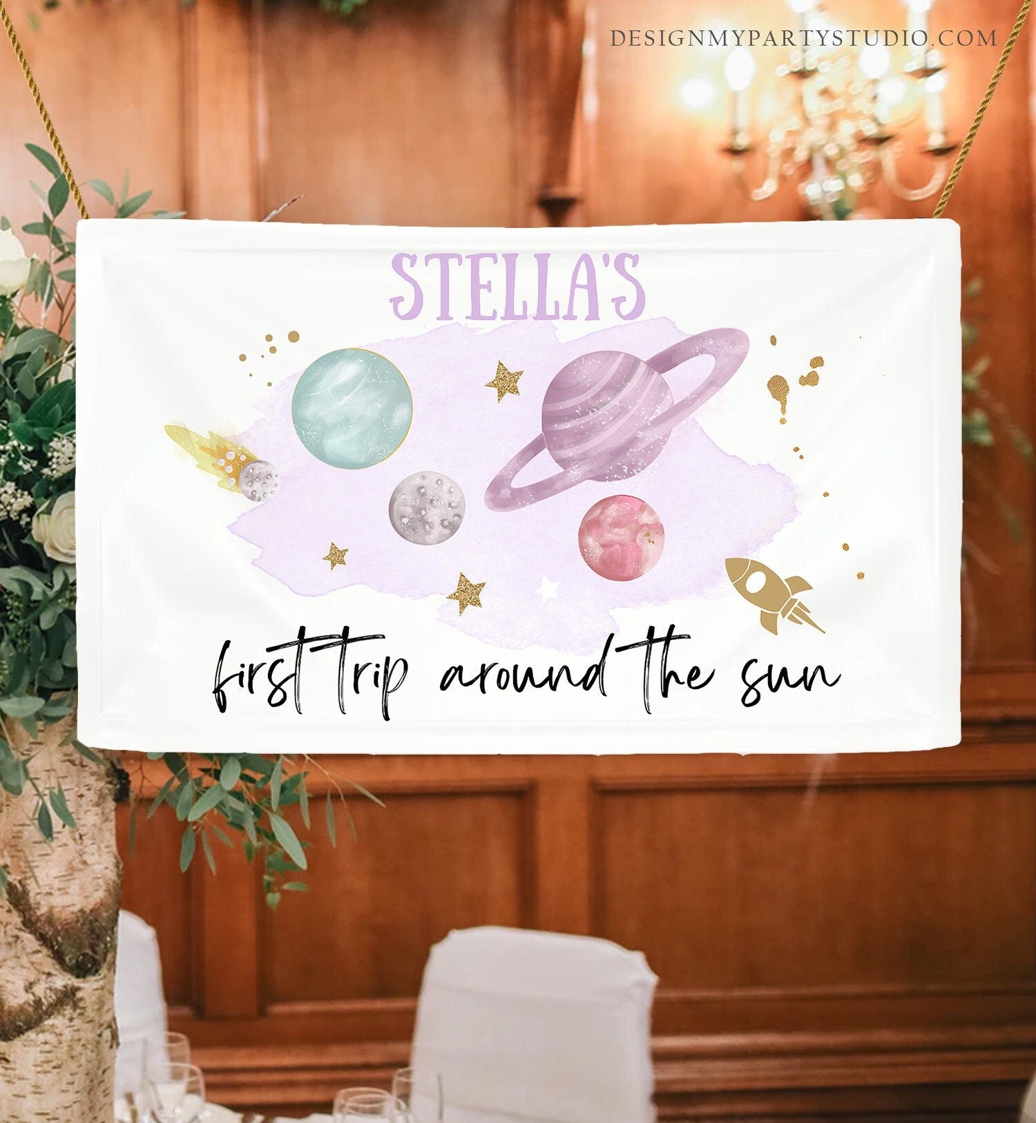 Editable Outer Space Backdrop Banner Space Birthday Girl First Trip Around the Sun Galaxy Planets Digital Download Template Printable 0357