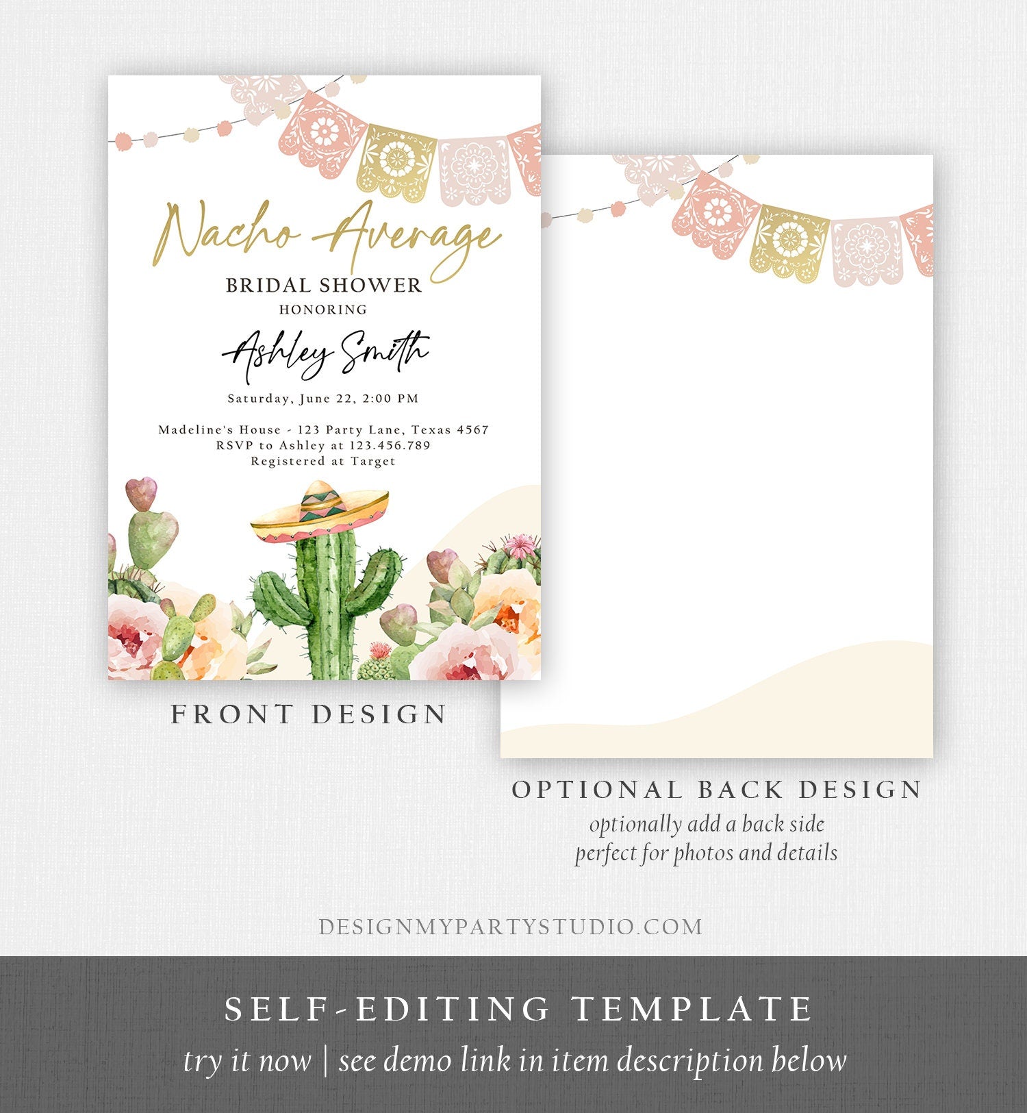 Editable Nacho Average Bridal Shower Invitation Boho Couples Fiesta Mexican Watercolor Cactus Succulent Digital Template Printable 0419