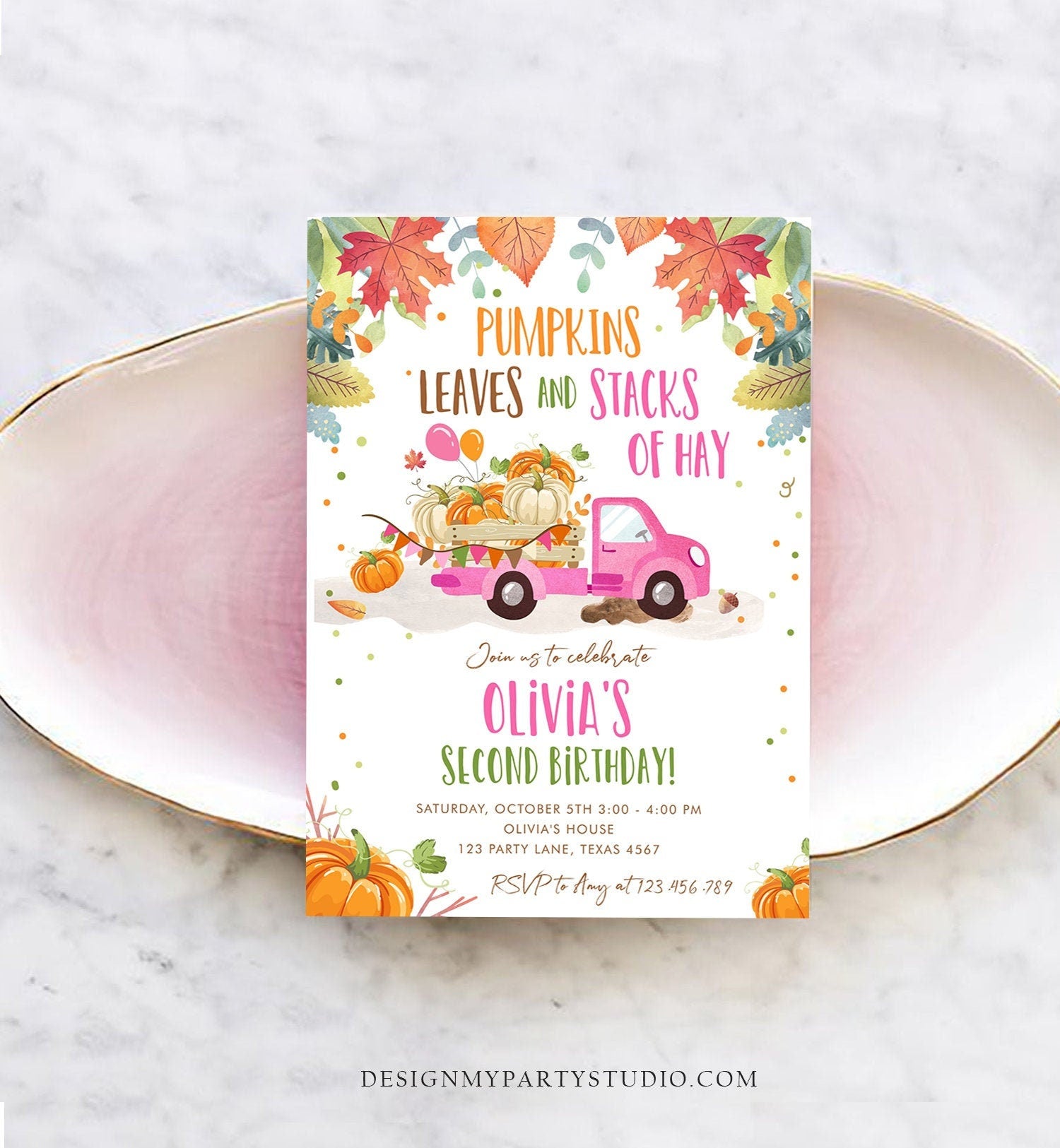 Editable Pumpkin Birthday Invitation Girls Fall Girl Pumpkin Truck Birthday Party Pink Orange Download Printable Invite Template Corjl 0153