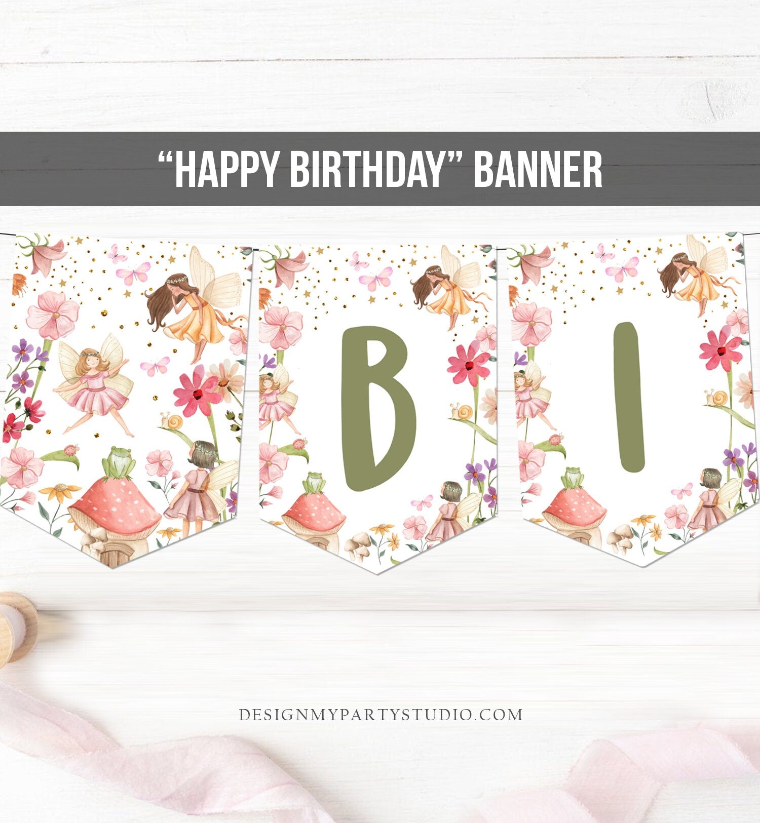Happy Birthday Banner Fairy Birthday Girl Fairy First Birthday Decorations Fairy Garden Magical Tea Download PRINTABLE DIGITAL DIY 0406