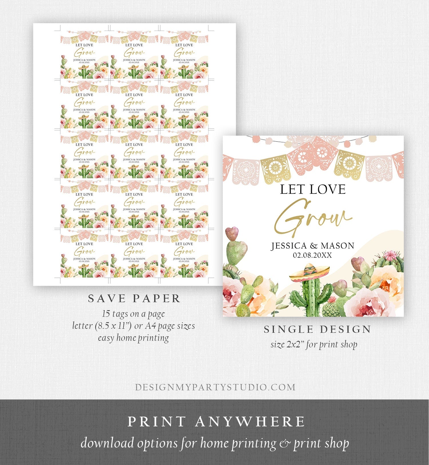 Editable Let Love Grow Tags Fiesta Cactus Favor Tags Boho Bridal Shower Wedding Succulent Taco Bout Love Digital Template Printable 0419