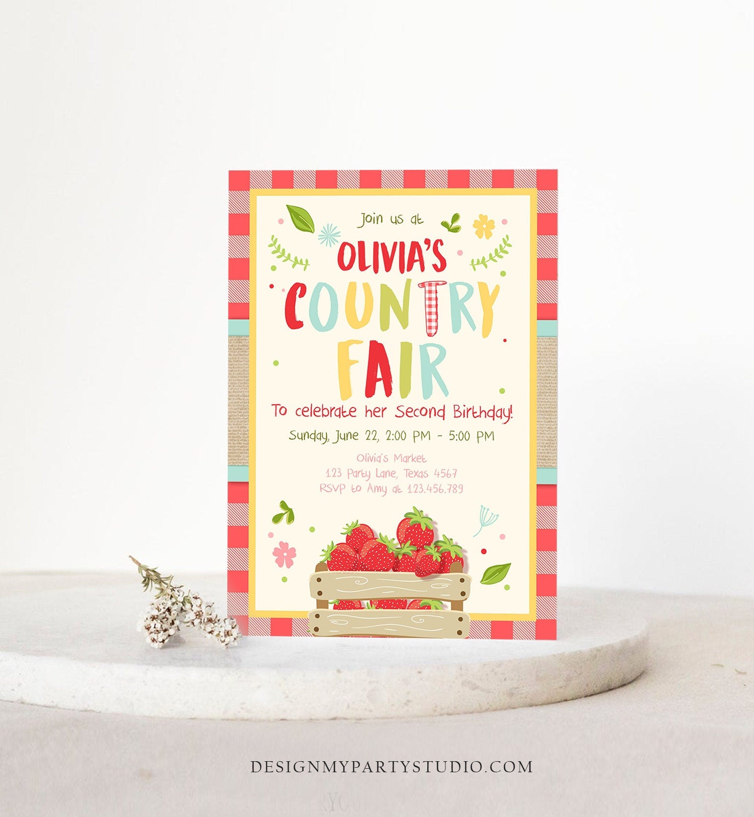 Editable Country Fair invitation Red Gingham Strawberry Home Grown Veggies Farm Fruits Market Download Printable Invite Template Corjl 0223