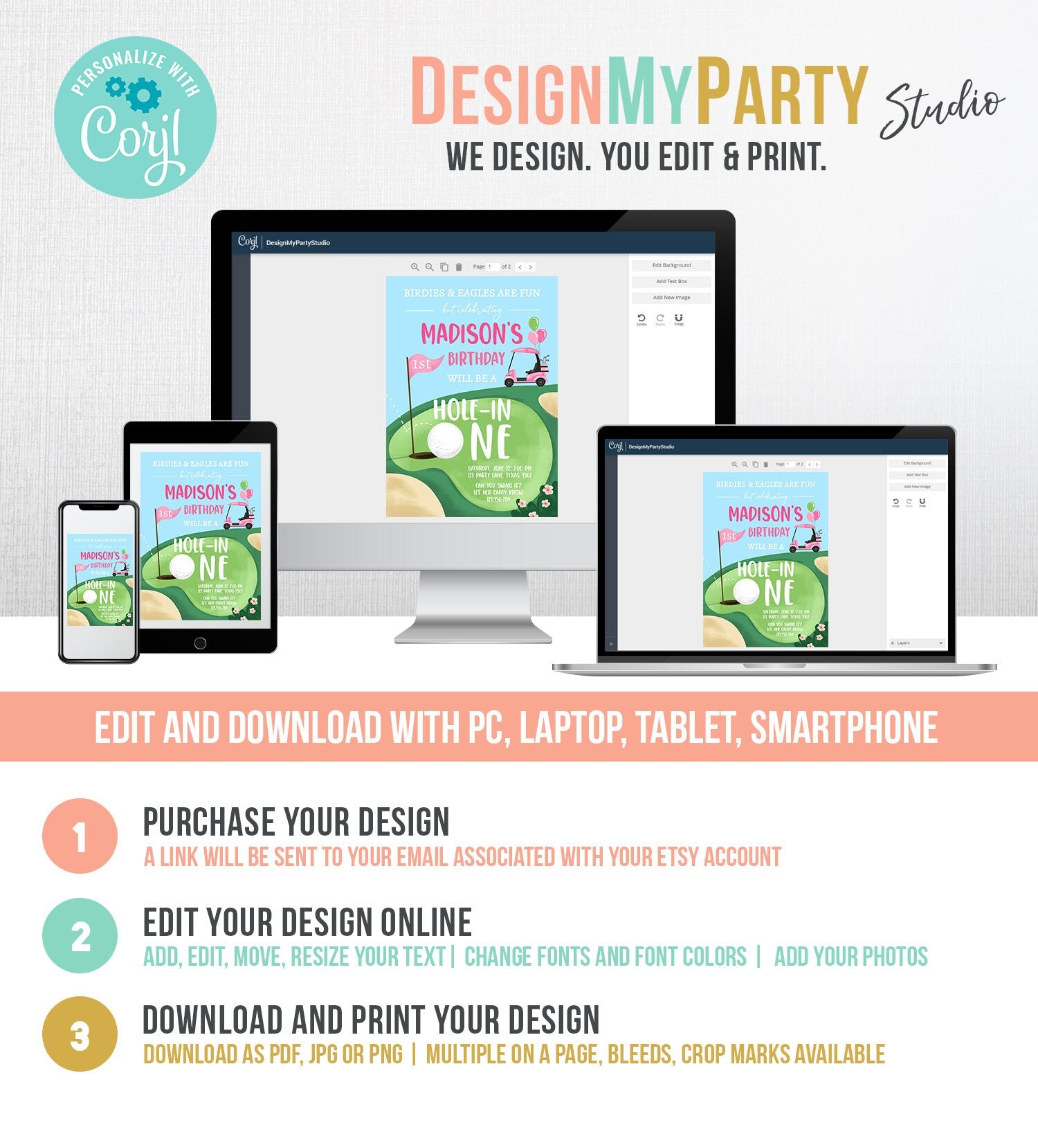 Editable Hole in One Birthday Invitation Golf First Birthday Par-tee Golf Invite Girl Golfing Digital Download Evite Template Printable 0405