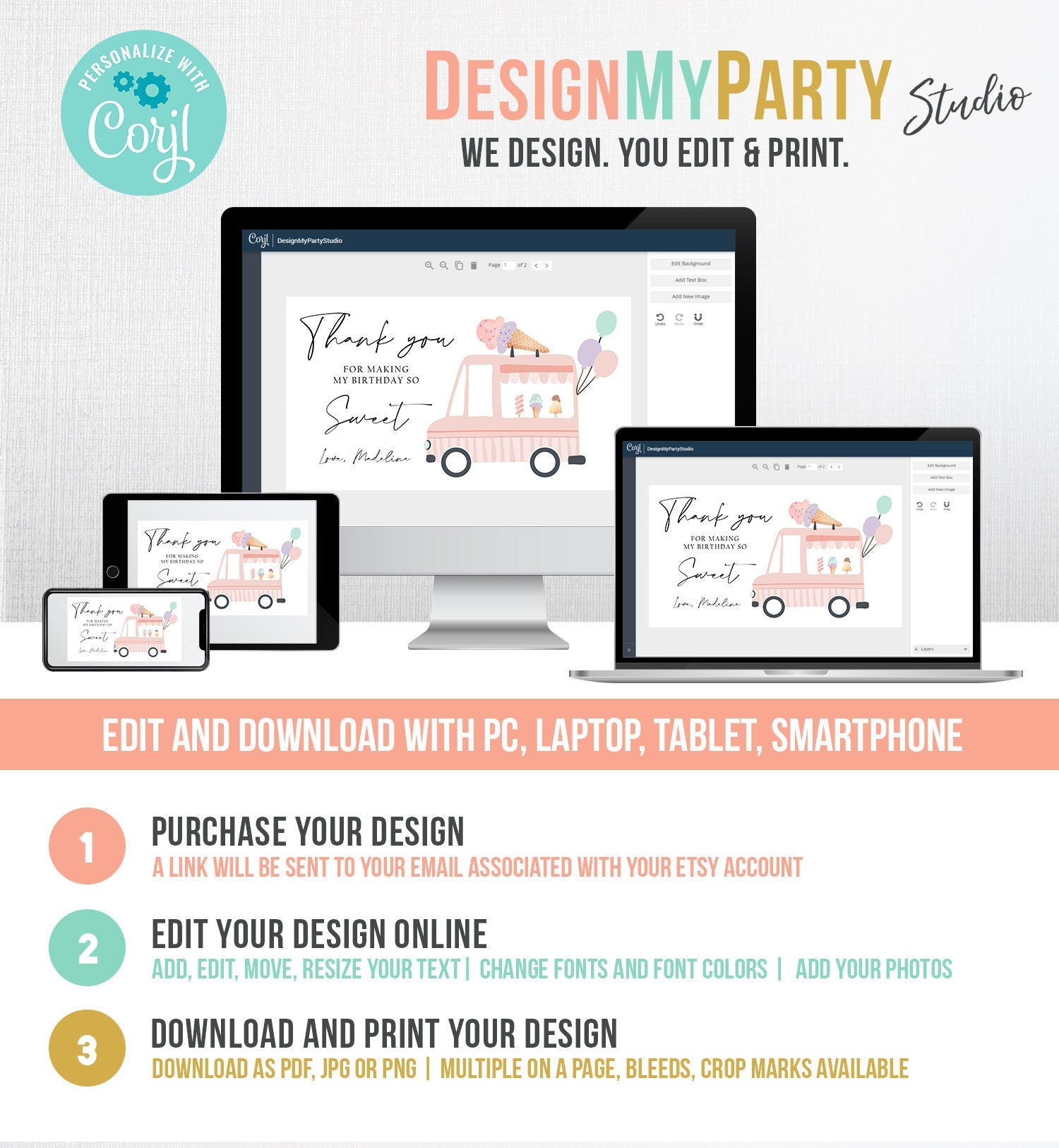 Editable Ice Cream Truck Favor Box Label Gable Gift Box Ice Cream Birthday Sweet One First Girl Treat Box Tag Download Printable Corjl 0415