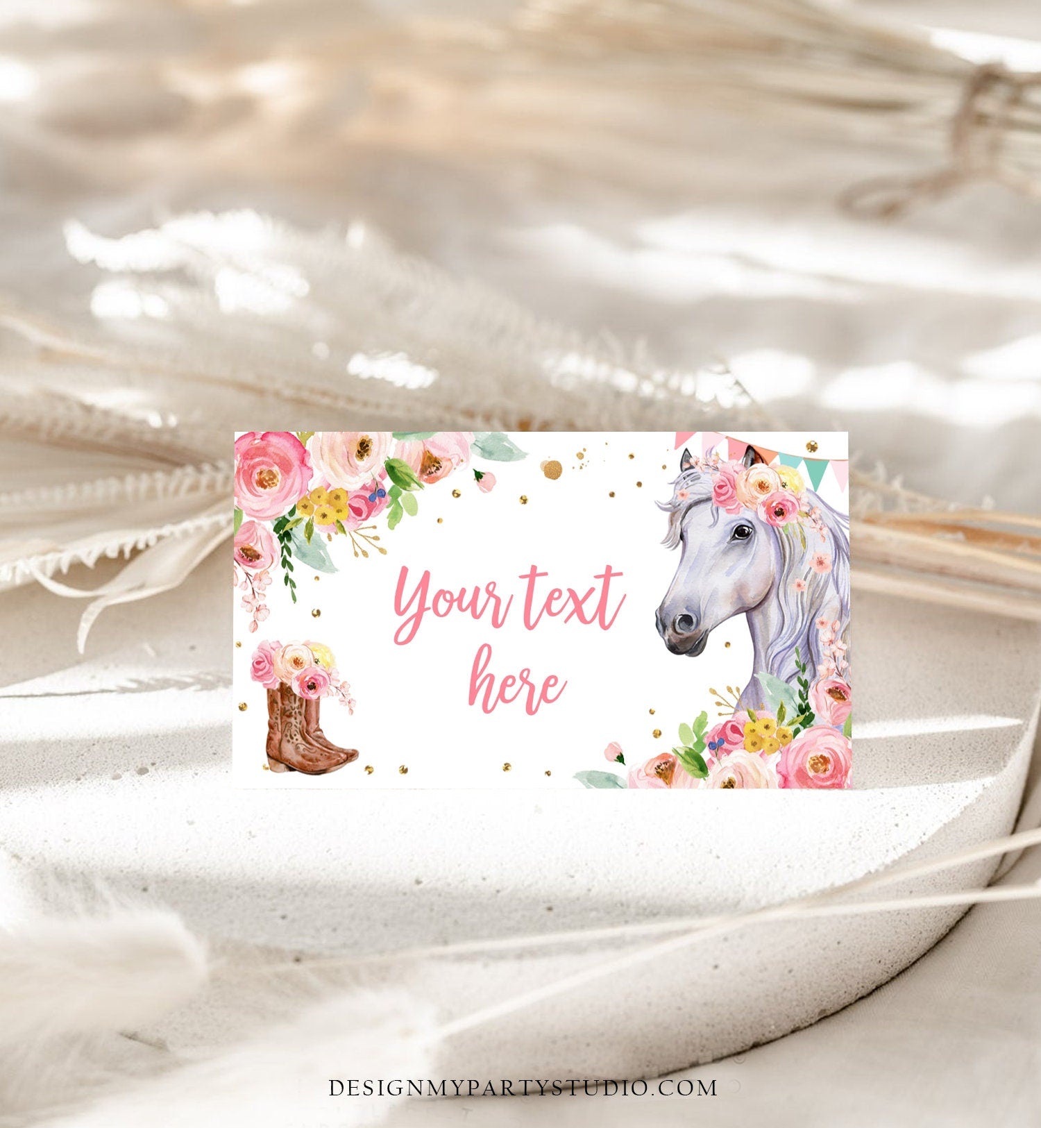 Editable Horse Birthday Food Tent Cards Horse Labels Cowgirl Party Place Cards Girl Pink Floral Pony Saddle Up Printable Template Corjl 0408