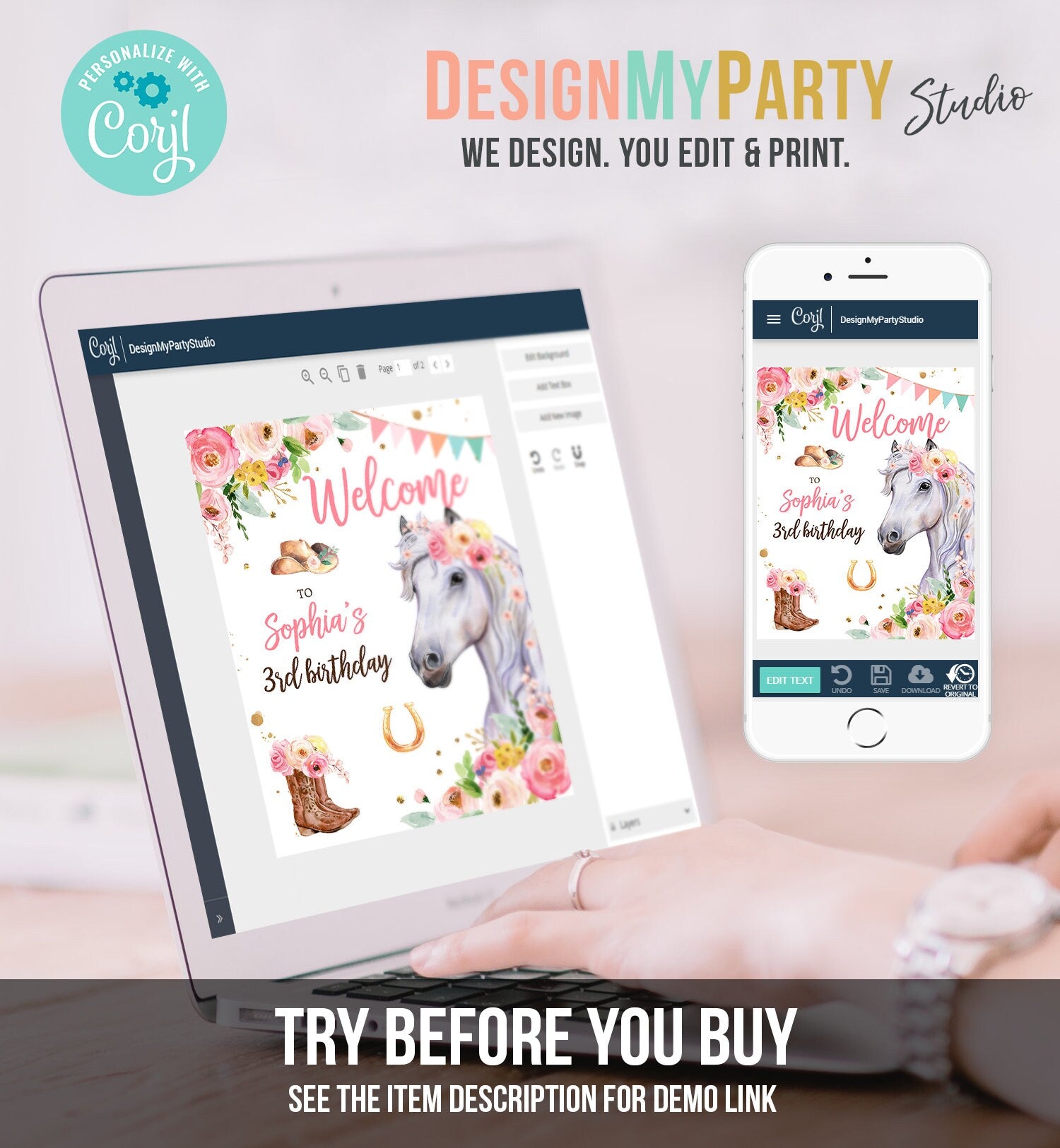 Editable Horse Birthday Welcome Sign Pony Birthday Welcome Sign Cowgirl Party Floral Girl Horse Digital Download Template Printable 0408