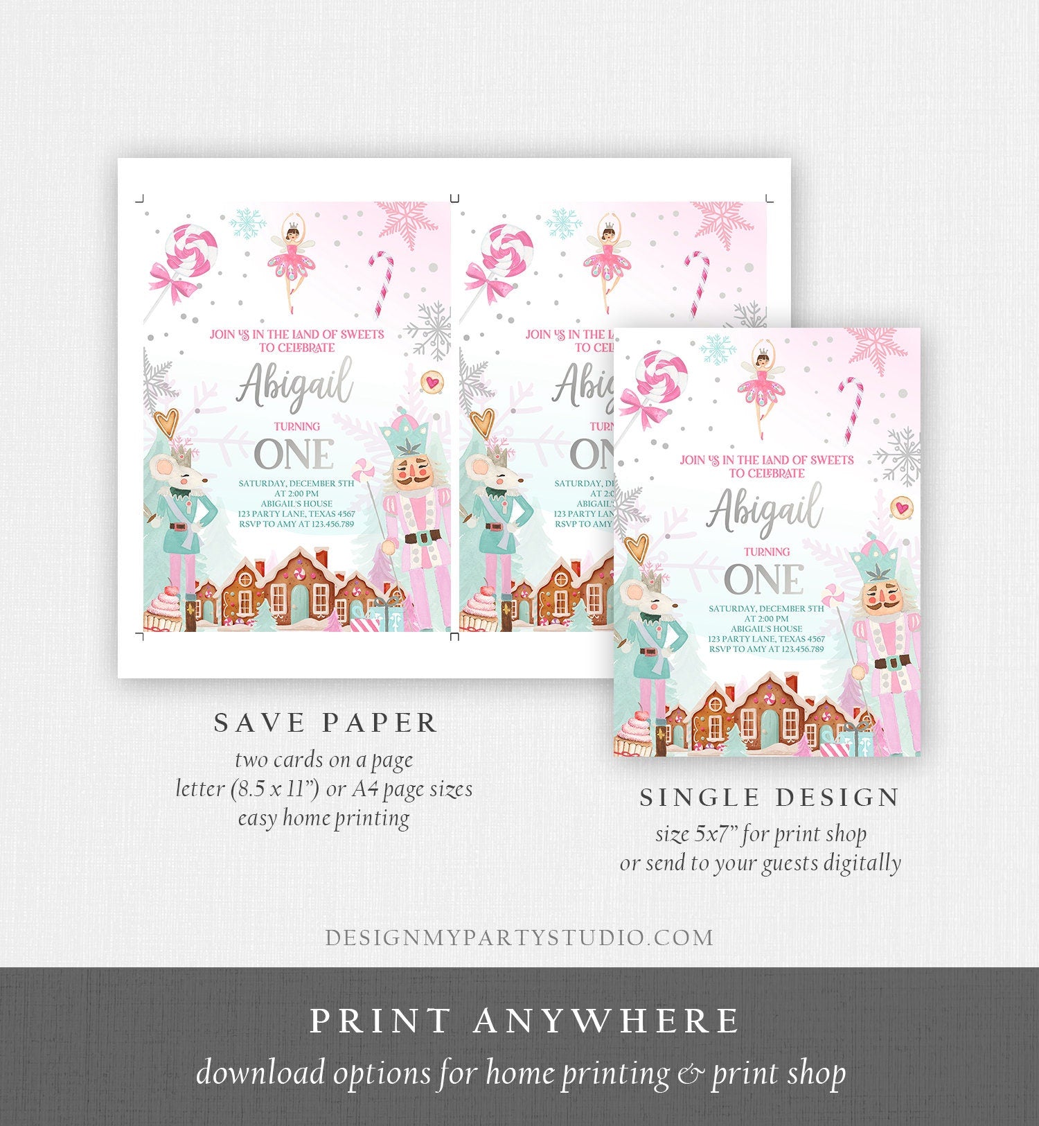 Editable Nutcracker Birthday Invitation Girl Land of Sweets Invite Winter Pink Girl Sugar Plum Fairy Digital Evite Template Printable 0352