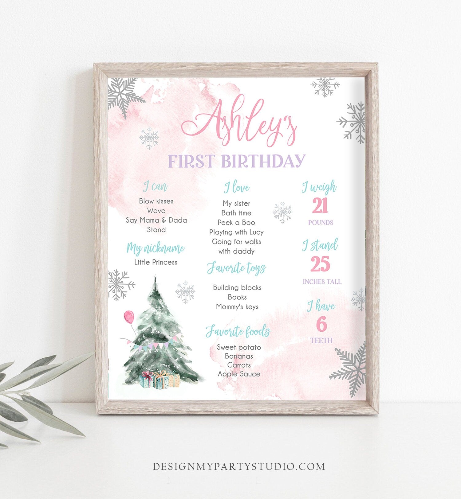 Editable Winter Tree Birthday Milestones Sign Winter Onederland Watercolor First Birthday Girl Snowflakes Digital Template Printable 0363