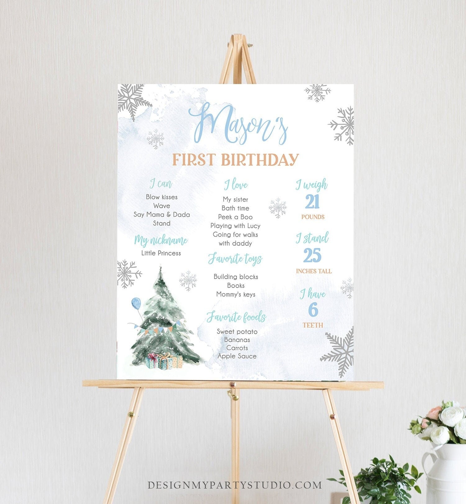 Editable Winter Tree Birthday Milestones Sign Onederland Watercolor First Birthday Blue Boy Snowflakes Digital Template Printable 0363