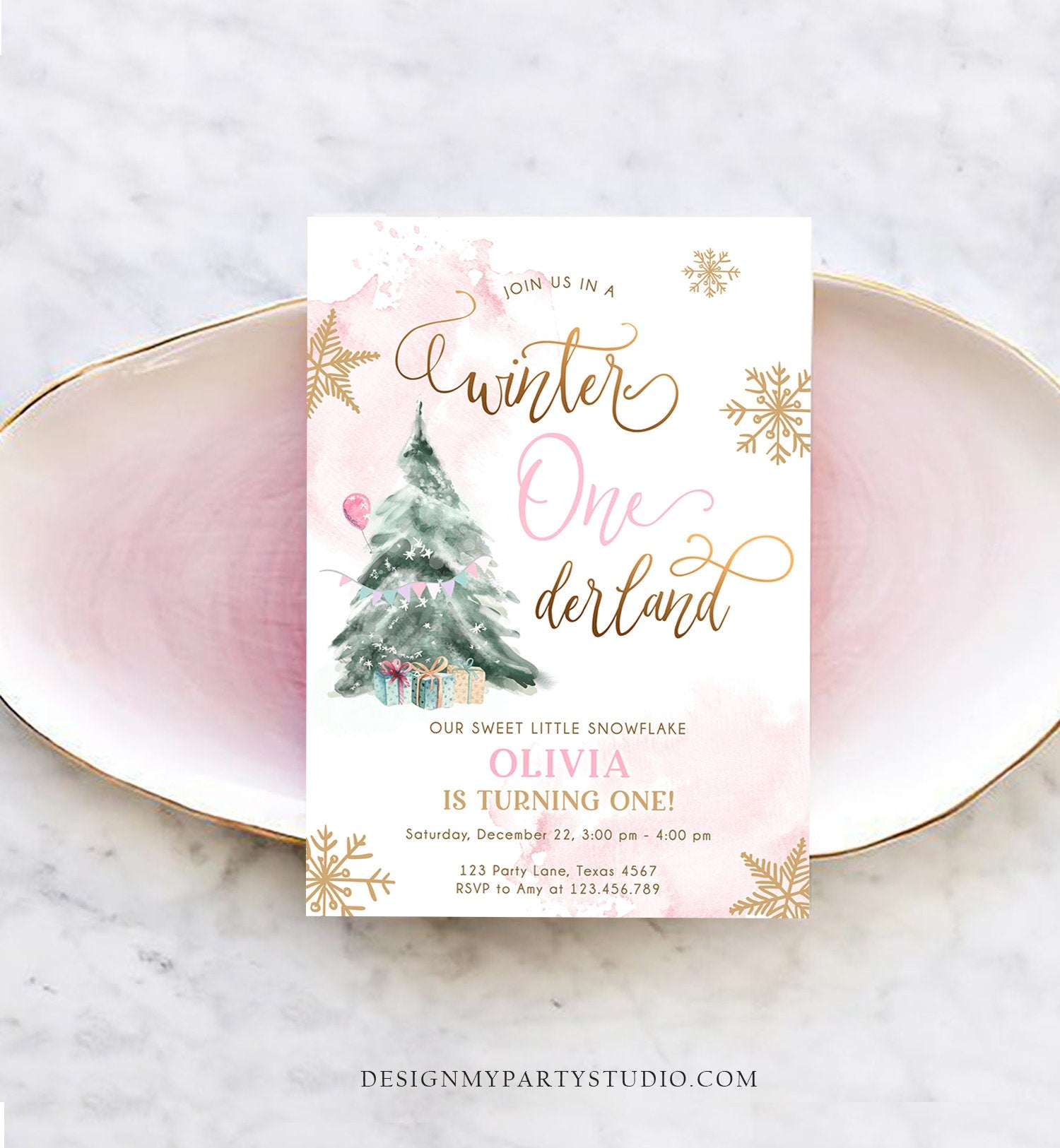 Editable Winter ONEderland Birthday Invitation First Birthday 1st Girl Pink Gold Watercolor Tree Christmas Snowflake Corjl Template 0363