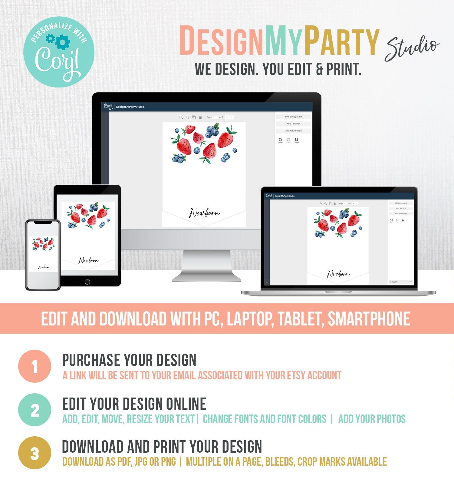 Editable Strawberry First Birthday Monthly Photo Banner Blueberry First Birthday Farmers Market Fruit Corjl Download Template Printable 0399