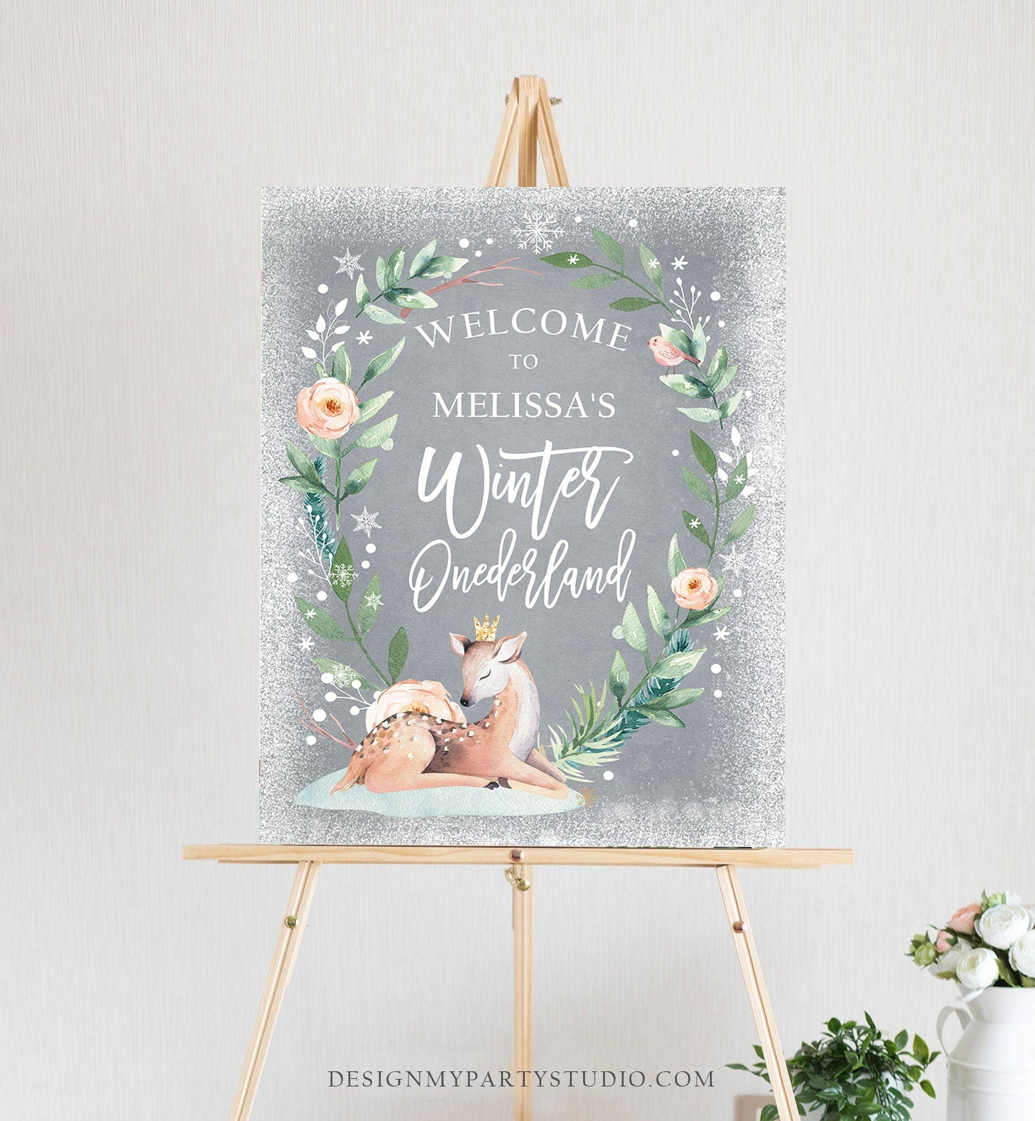 Editable Winter Deer Birthday Welcome Sign Winter Onederland Girl Pink Gold Christmas Snow Party Holiday Digital Template Printable 0265