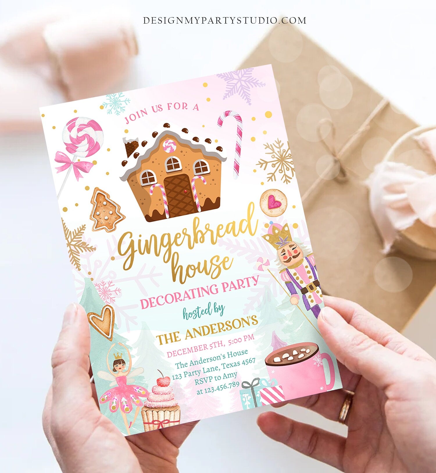Editable Gingerbread House Decorating Party Invitation Land of Sweets Pink Gold Cookie Decorating Digital Download Template Printable 0352