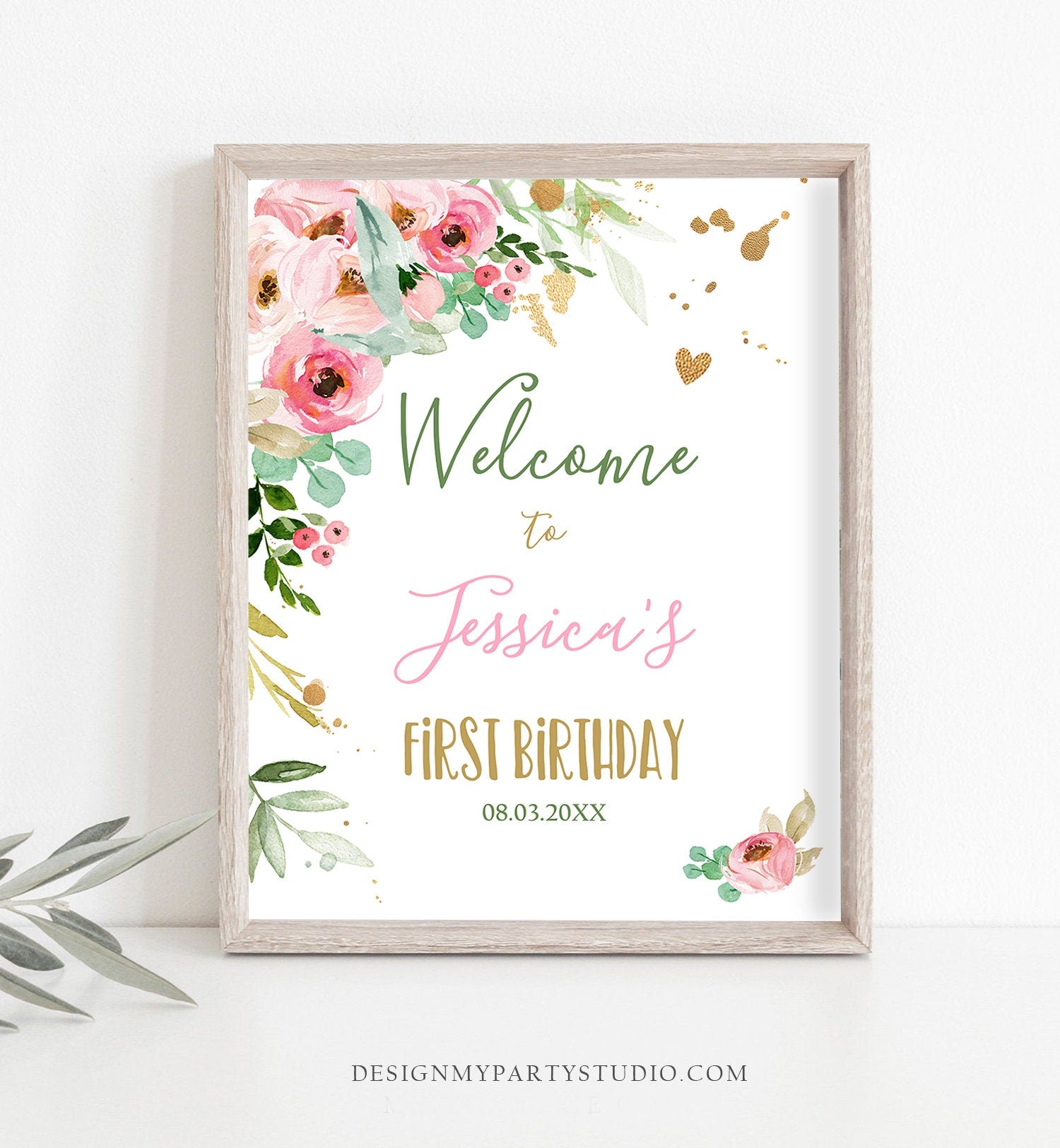 Editable Floral Welcome Sign First Birthday Little Miss Onederful Peach Pink Gold Peonies Baby Shower 16x20 Digital Template Printable 0147