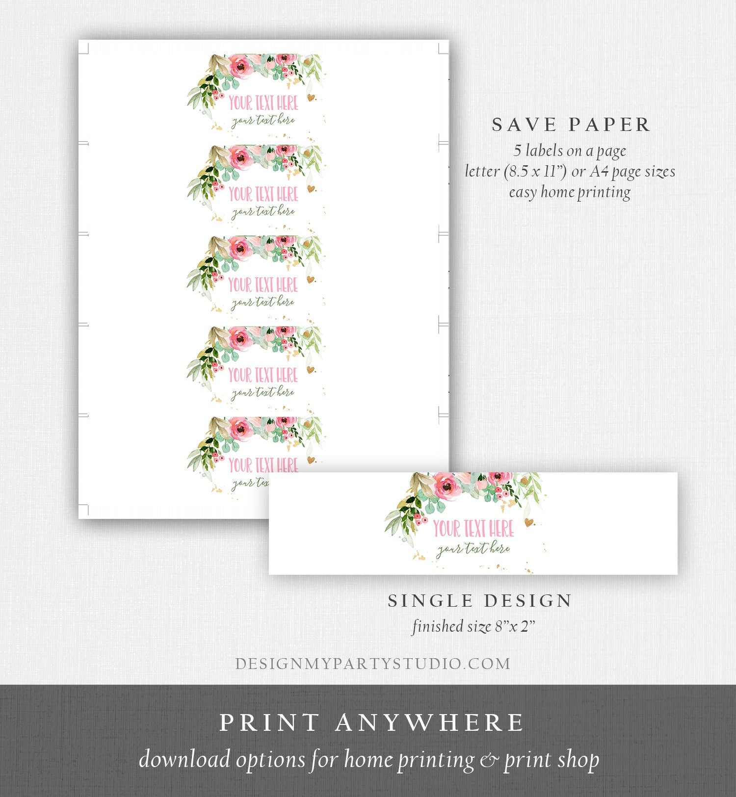 Editable Floral Water Bottle Labels Girl Birthday Peonies Greenery Eucalyptus Pink and Gold Printable Bottle Labels Corjl Template 0147