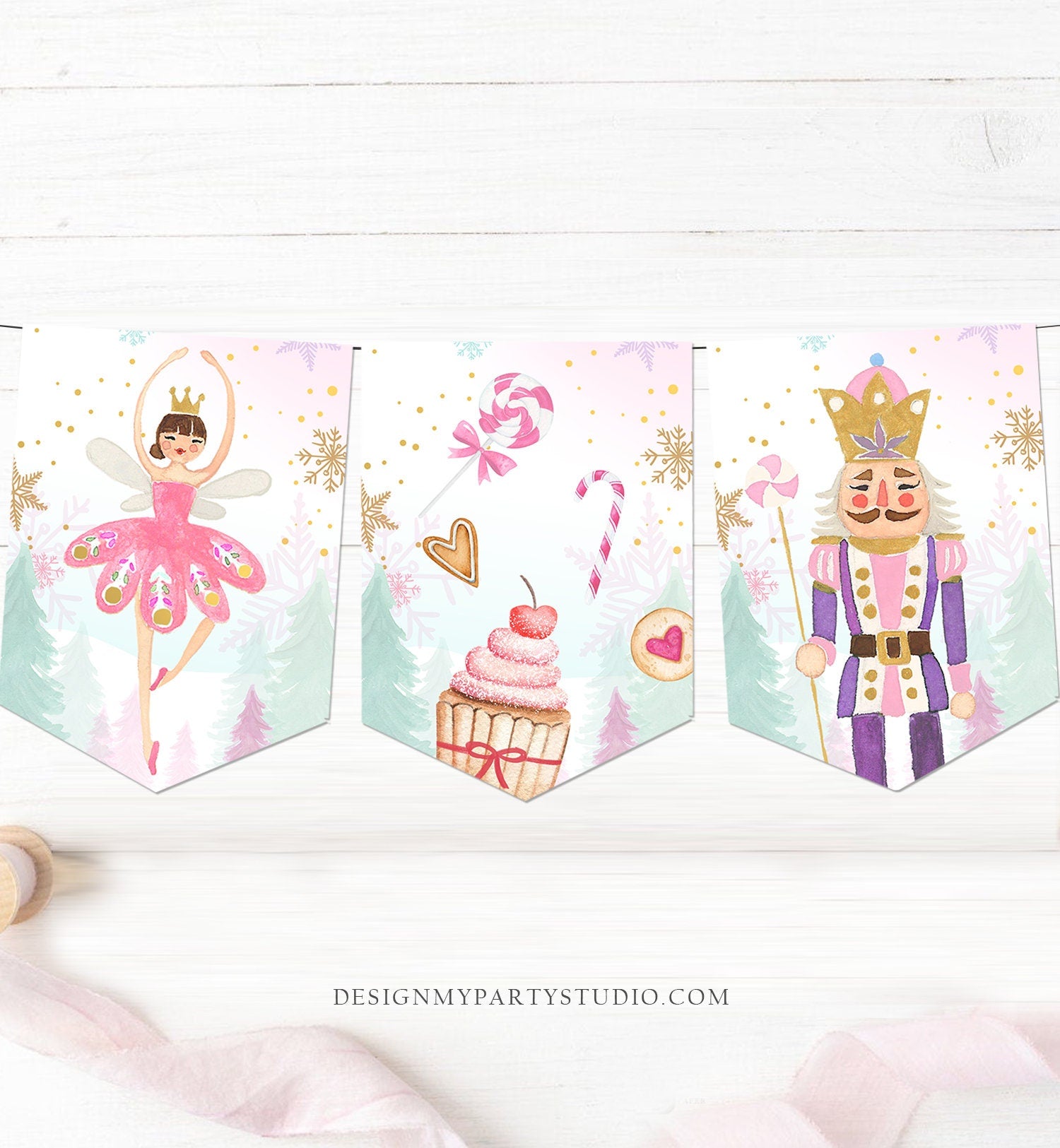 Nutcracker Banner Nutcracker Birthday Girl Bunting Christmas Decor Pink Gold Sugar Plum Fairy Instant Download Printable Digital DIY 0352
