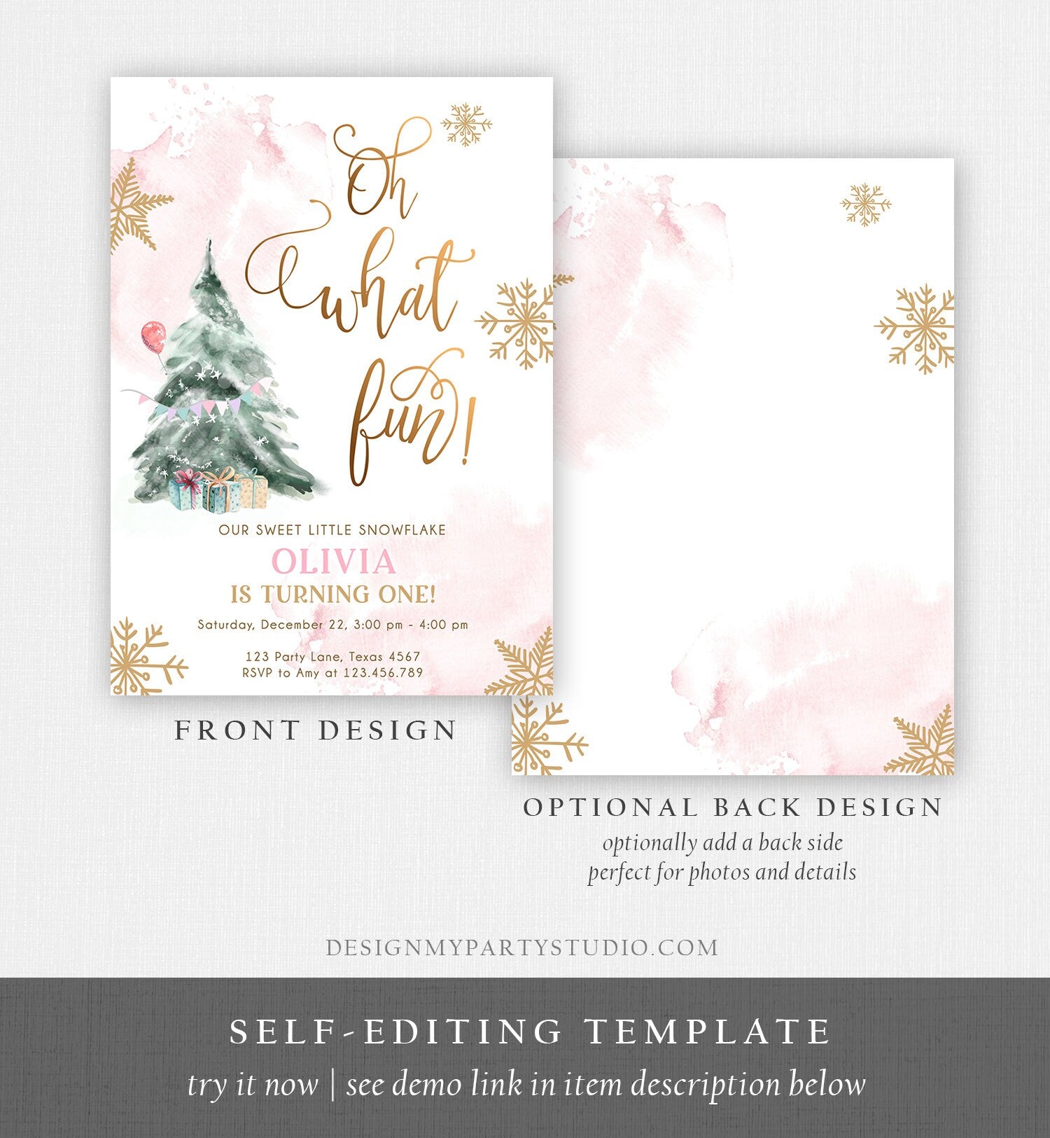 Editable Oh What Fun! Holiday 1st Winter Birthday Invitation Winter Christmas Party Tree Girl Pink Gold Digital Template Printable 0363